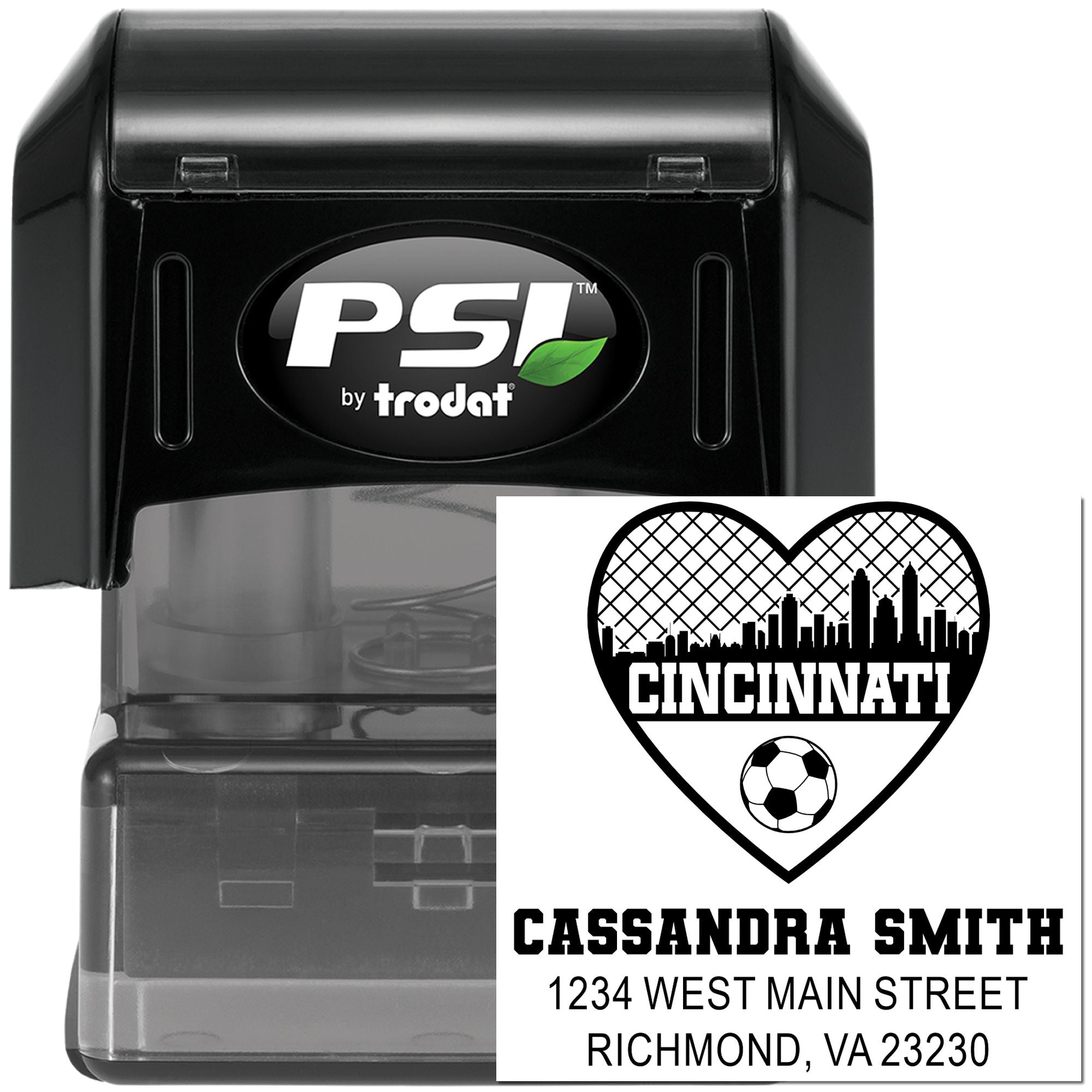 PSI by Trodat self-inking custom rubber stamp with Cincinnati heart logo, name and address imprint for business use.