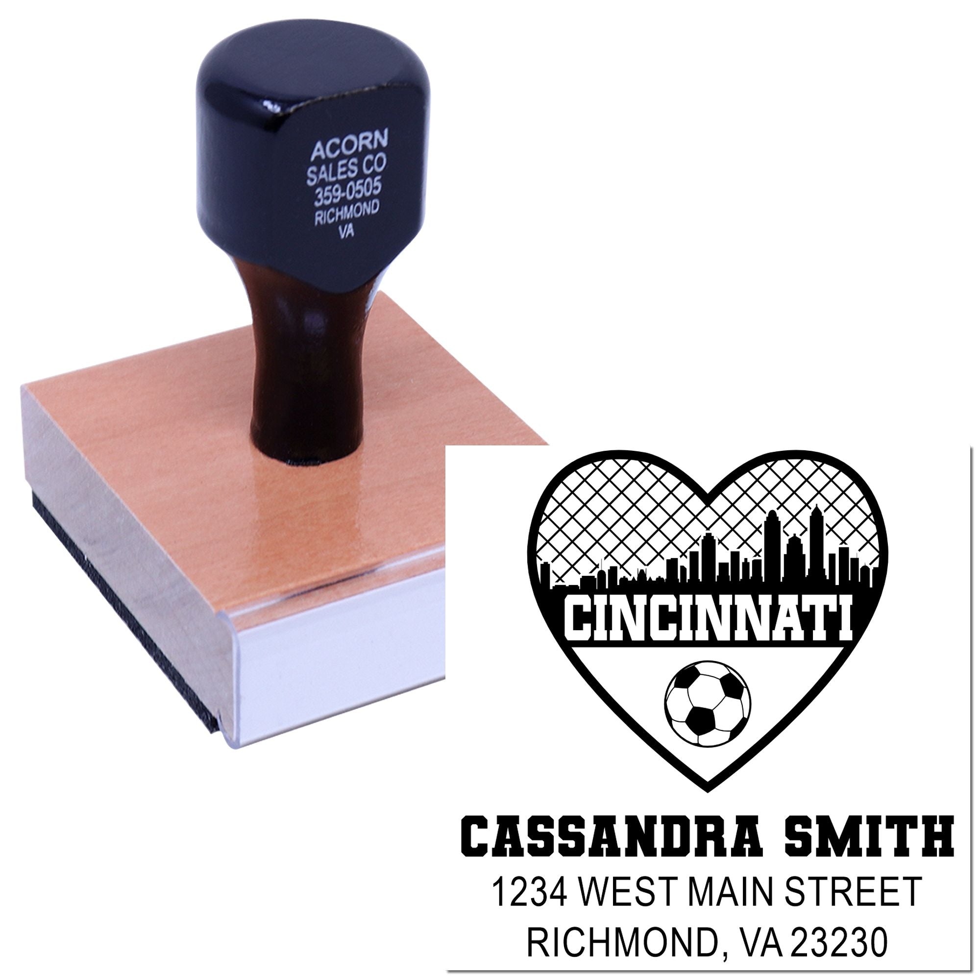 Custom rubber stamp with Cincinnati soccer heart logo and personalized name and address.