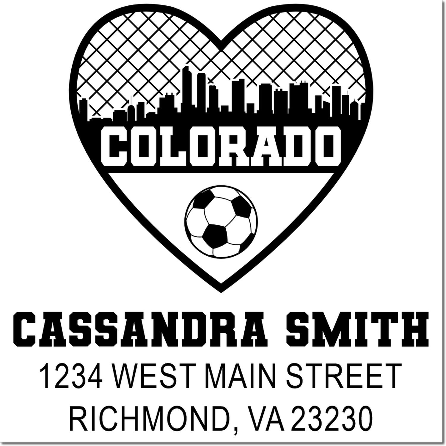 Custom Colorado soccer heart return address rubber stamp with skyline, name, and Richmond, VA address.