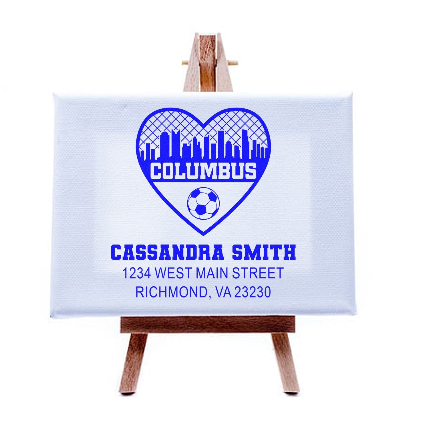 Personalized custom rubber stamp with Columbus soccer heart skyline, name, and address.
