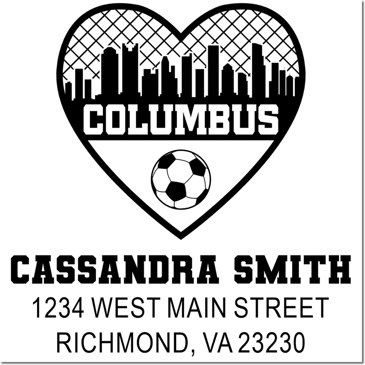 Custom Columbus soccer skyline heart return address rubber stamp with Cassandra Smith, Richmond, VA