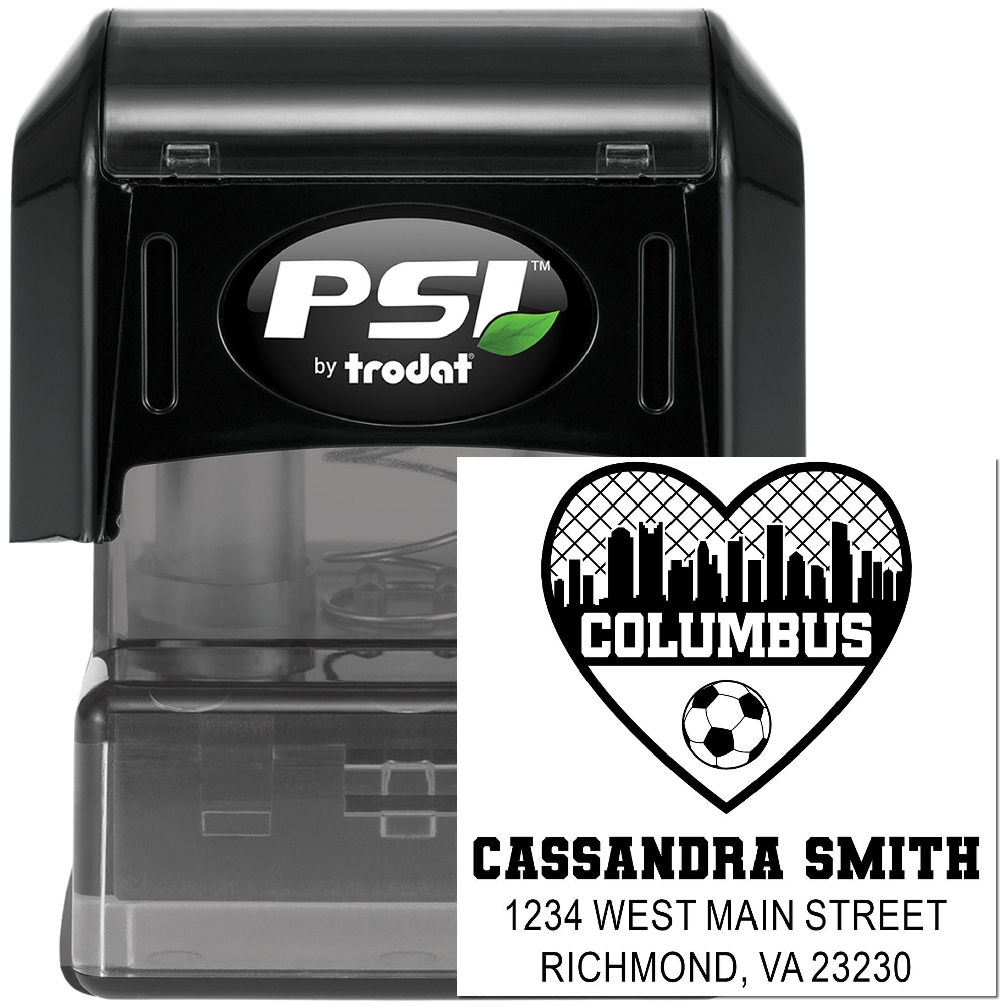 Custom self-inking rubber address stamp with Columbus soccer logo, name, and mailing address by PSI Trodat