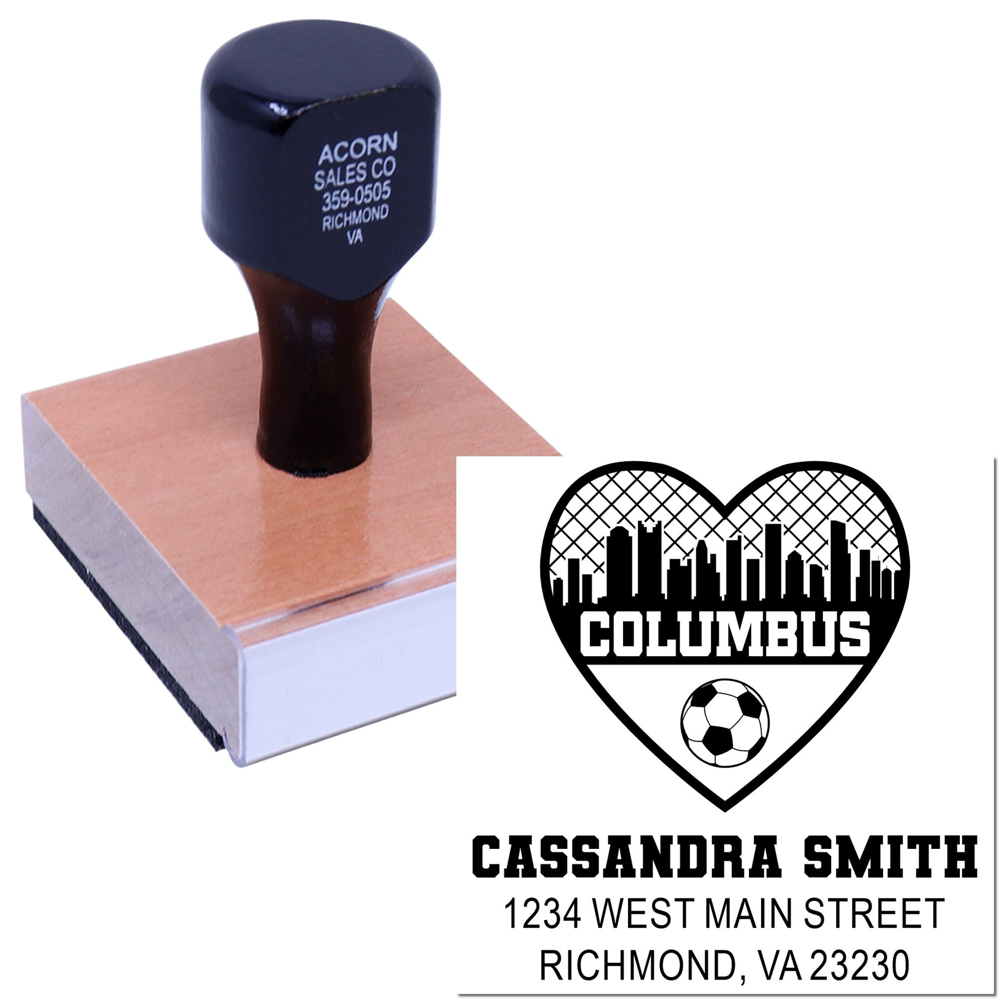 Custom rubber stamp with personalized Columbus heart logo and address, ideal for business branding, mailings, and gifts.