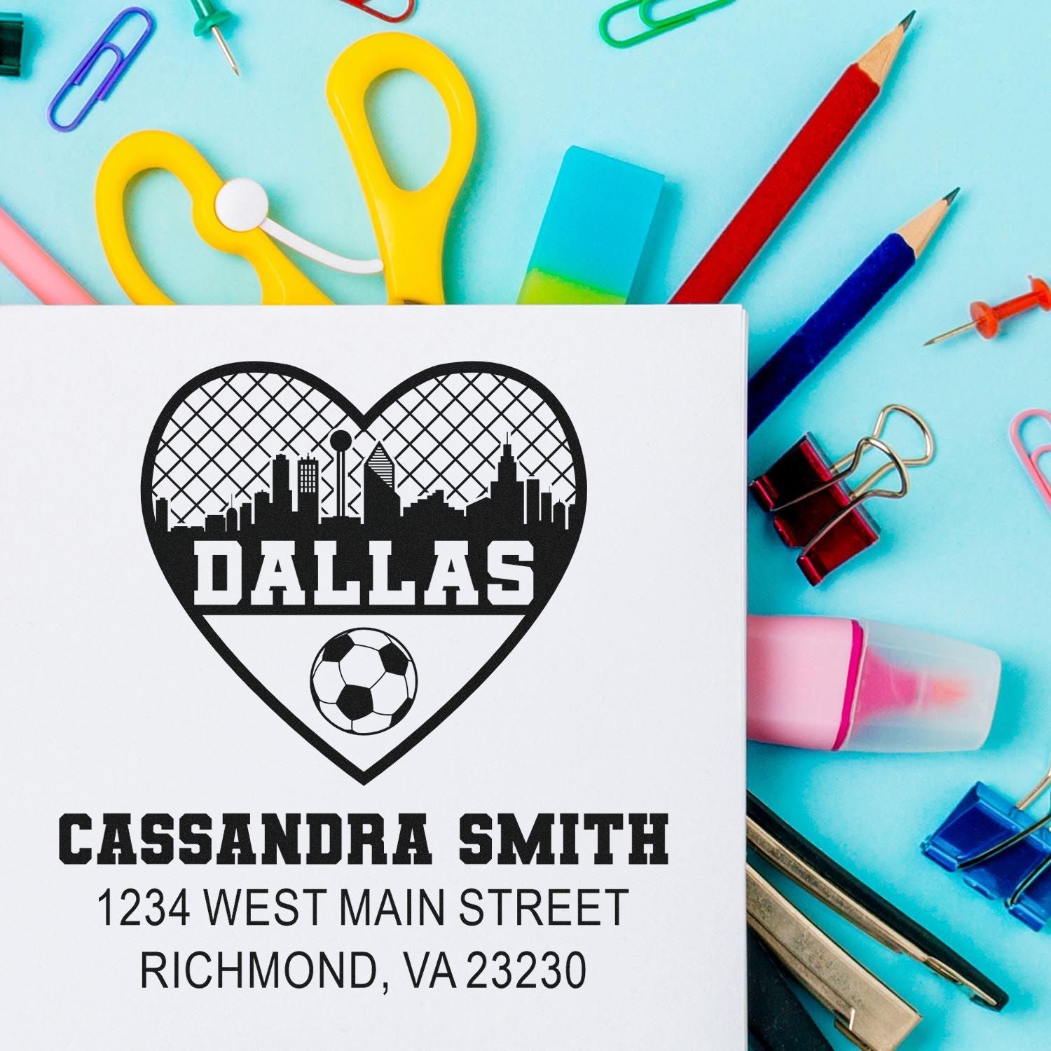 Custom rubber stamp design with Dallas heart skyline, soccer ball, name and address for Cassandra Smith.