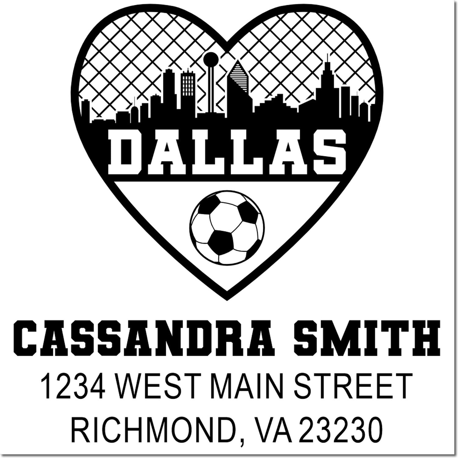 Custom heart-shaped Dallas skyline soccer return address rubber stamp for Cassandra Smith, Richmond, VA 23230