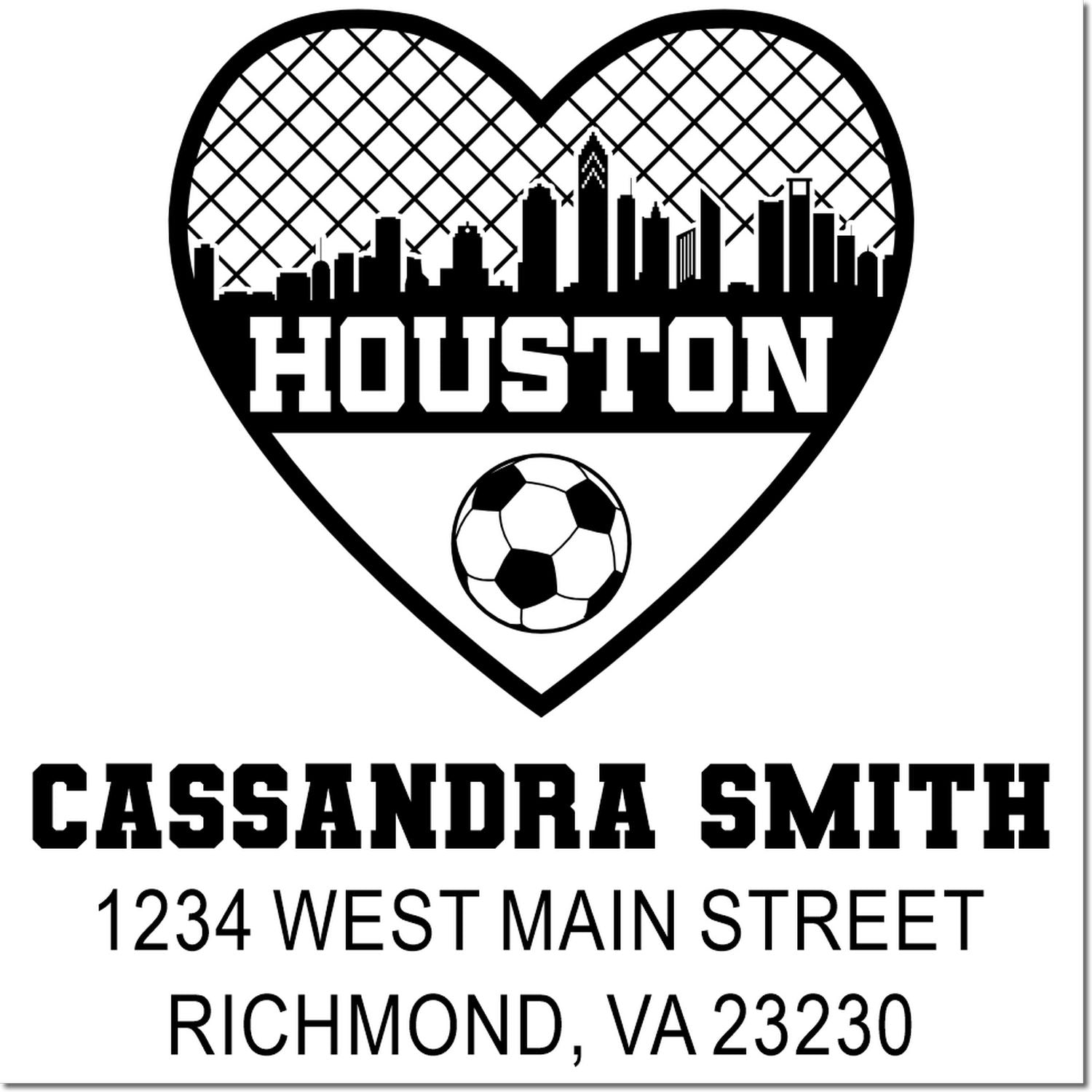 Personalized Houston soccer return address stamp with skyline heart, Cassandra Smith, 1234 West Main Street, Richmond, VA 23230