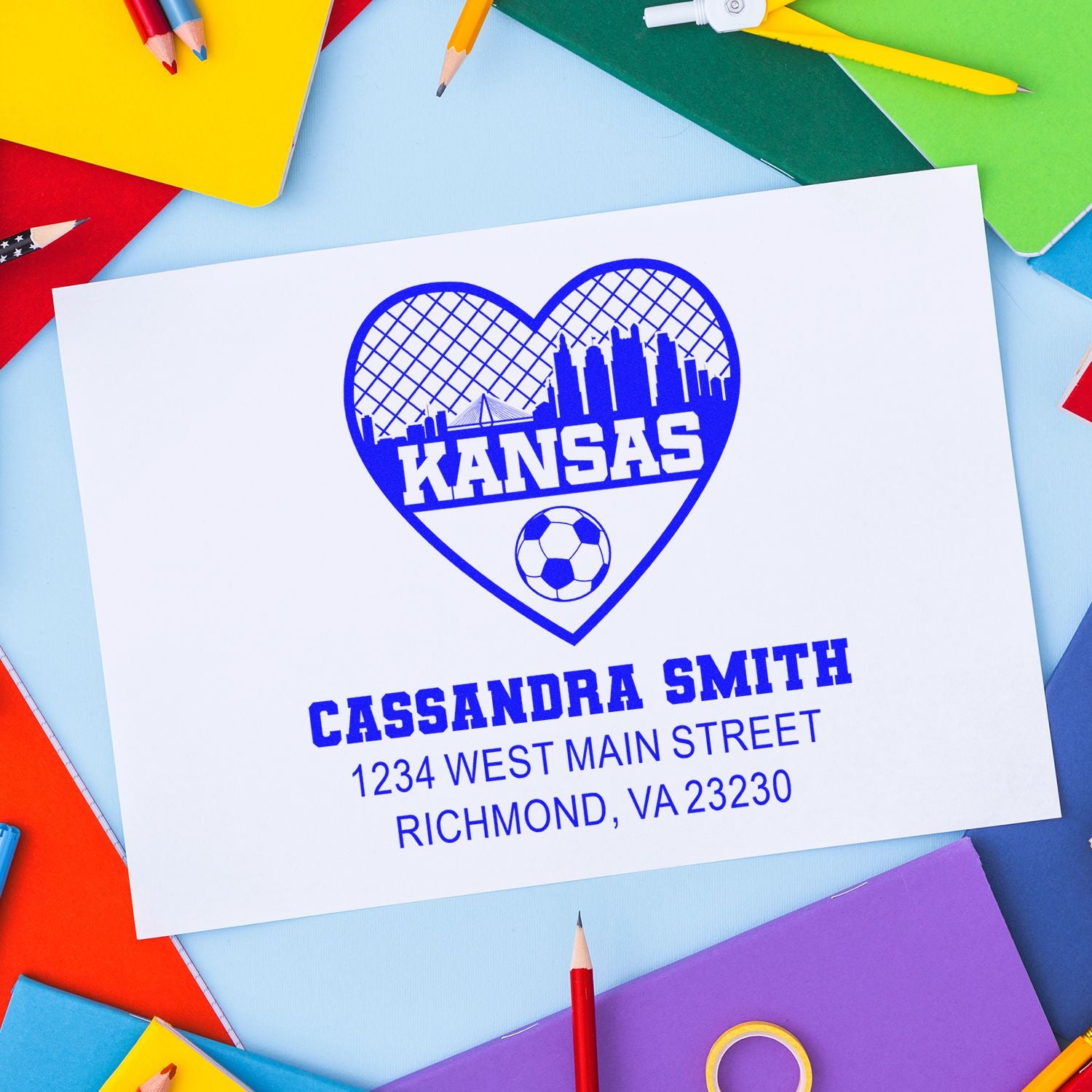 Custom rubber stamp with Kansas heart soccer design and personalized return address for Cassandra Smith