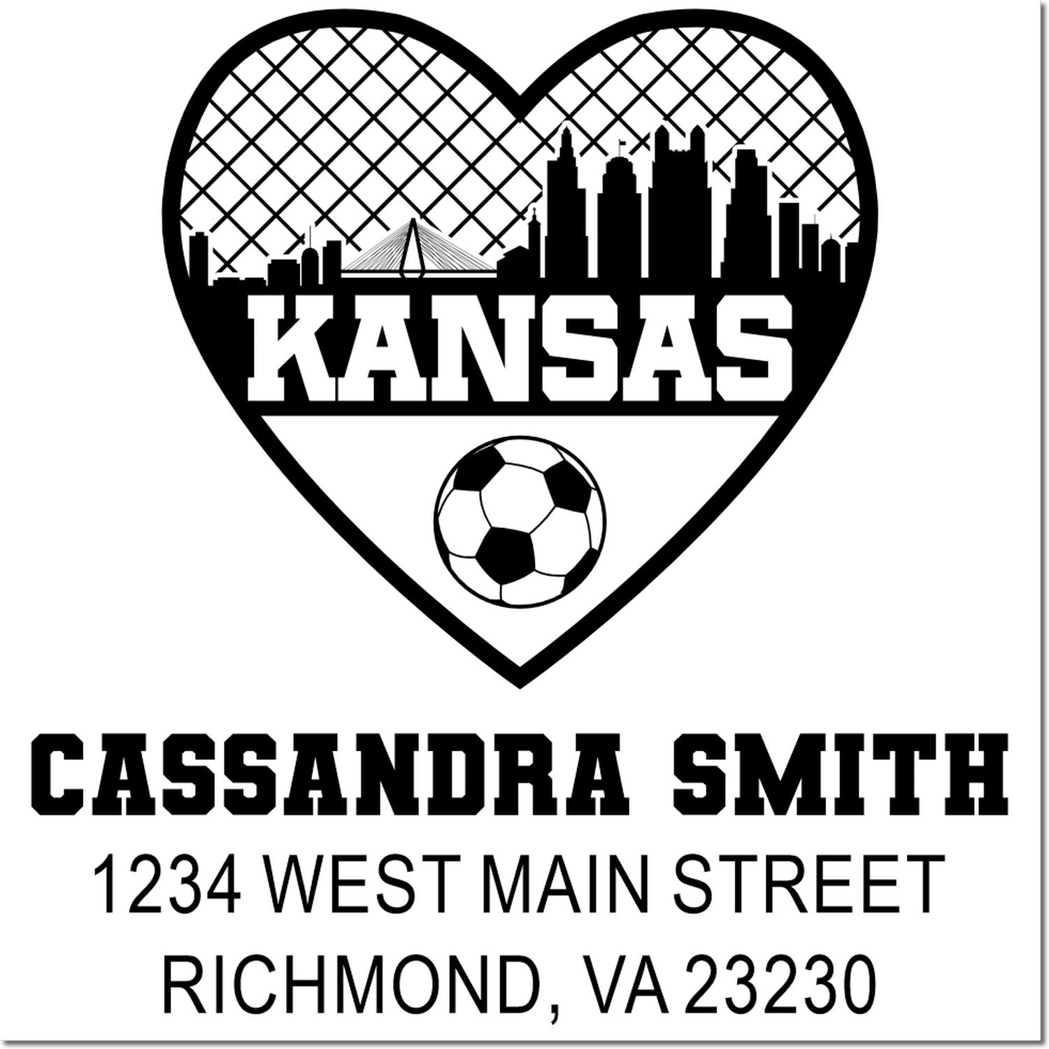 Personalized Kansas heart soccer address rubber stamp for Cassandra Smith, 1234 West Main Street, Richmond, VA 23230