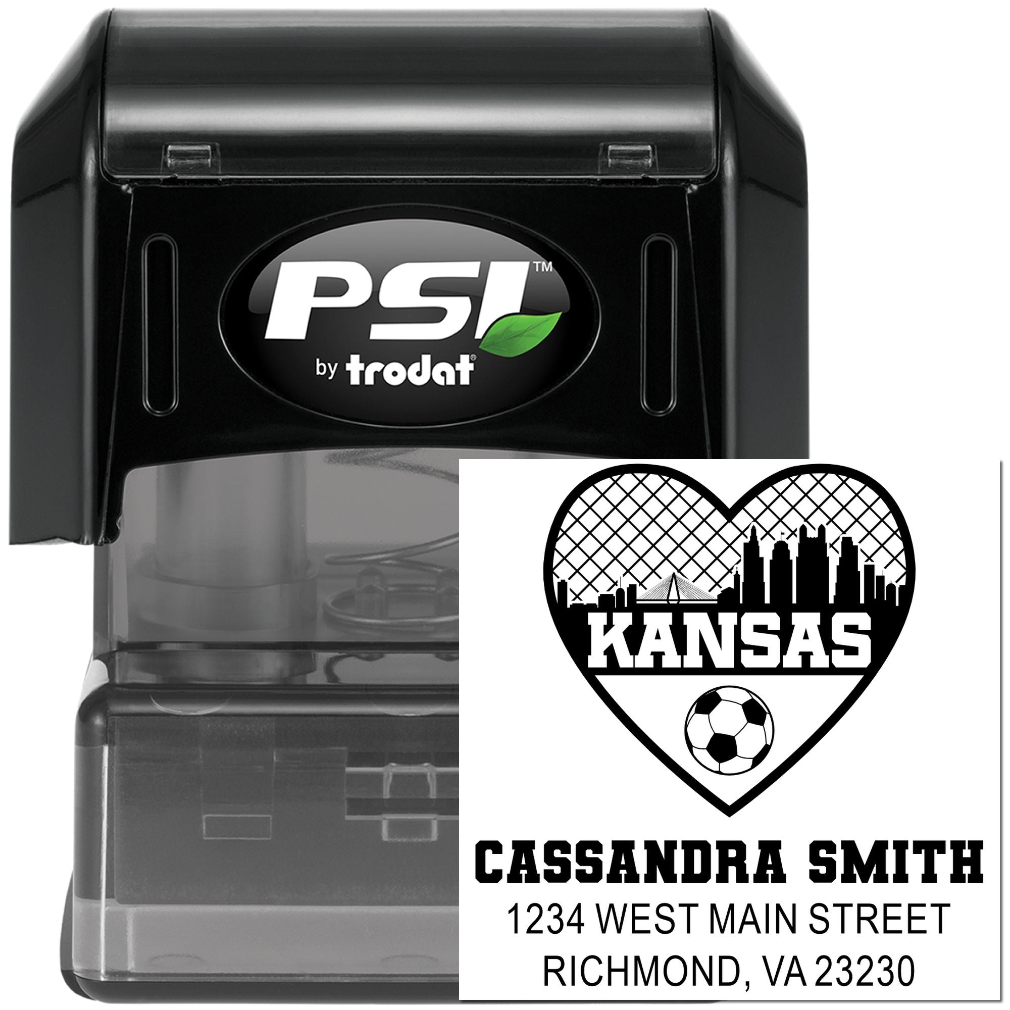 PSI by Trodat self-inking rubber stamp with custom Kansas heart soccer logo, name, and address.