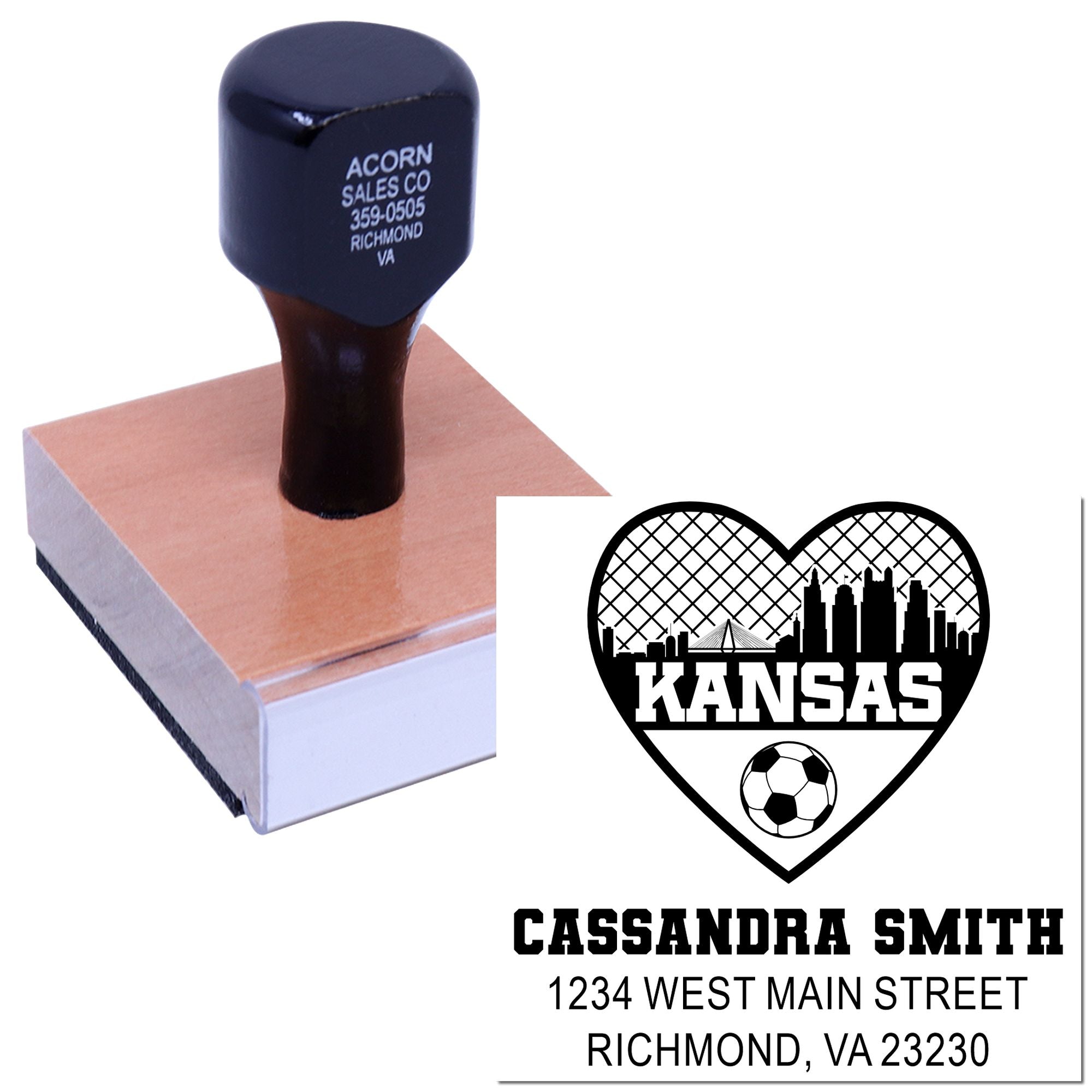 Custom rubber stamp and personalized address stamp with Kansas heart design for business branding and mailing.