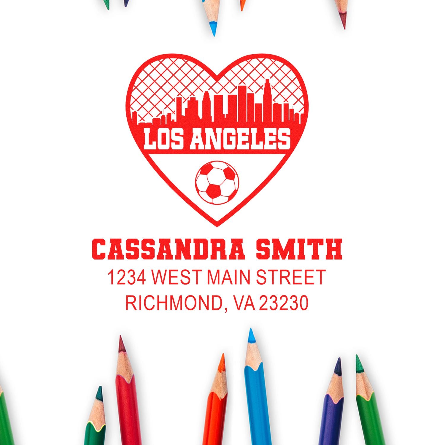 Custom rubber stamp design with Los Angeles heart skyline, soccer ball, and personalized name and address.