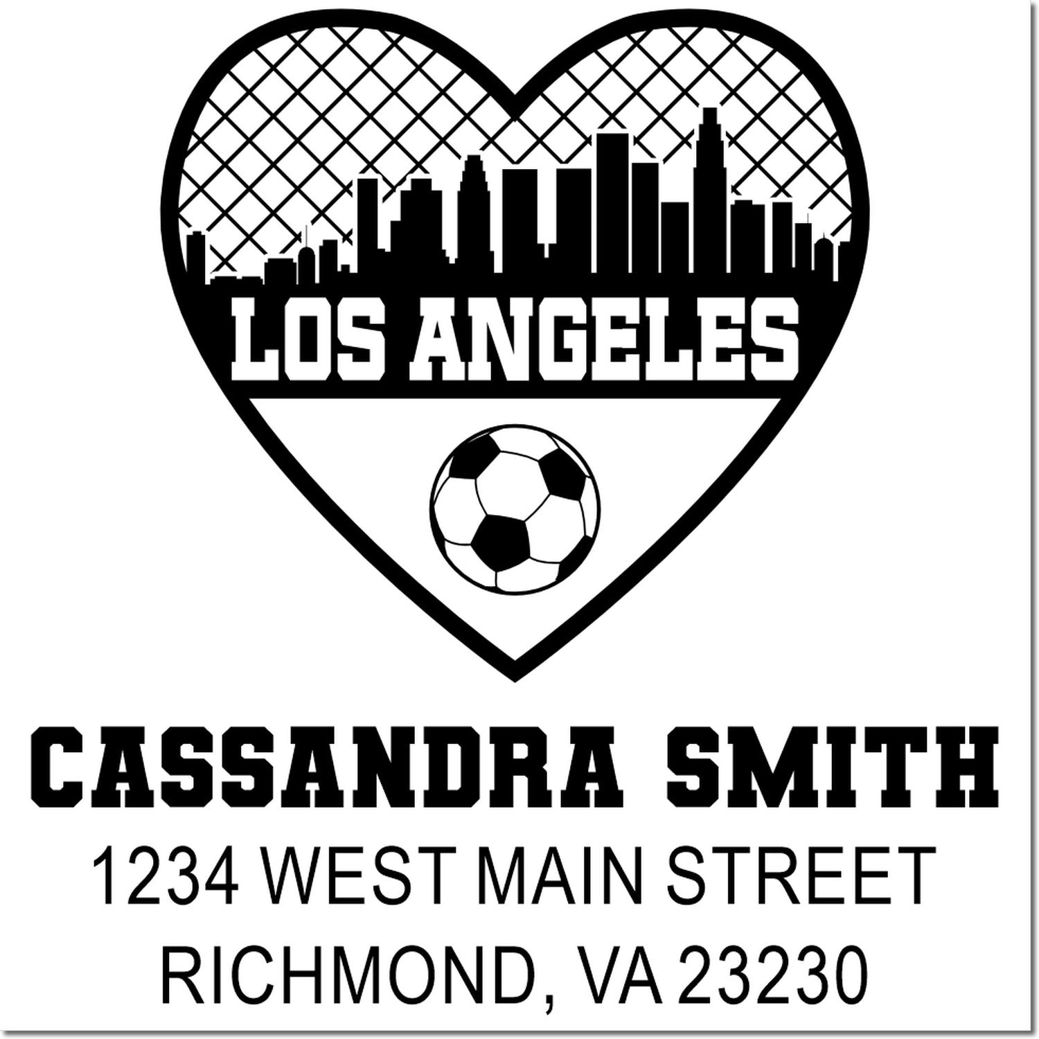 Custom address stamp with Los Angeles soccer heart logo, Cassandra Smith, and Richmond, VA 23230 mailing details.
