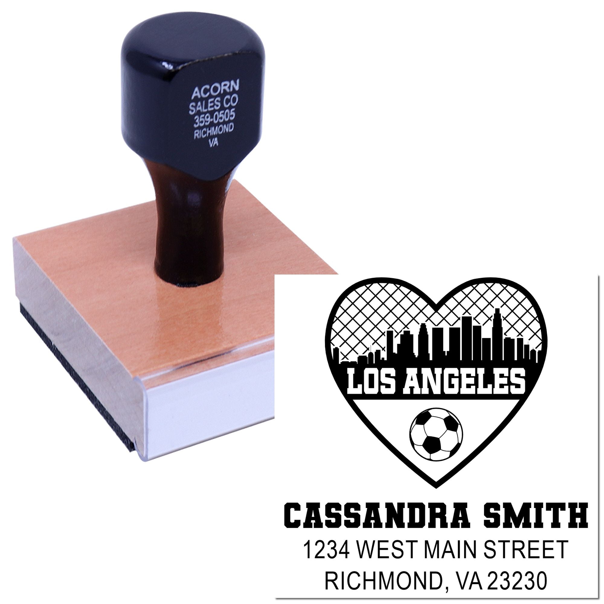 Custom rubber stamp with personalized soccer logo, name, and address for branding mailings.