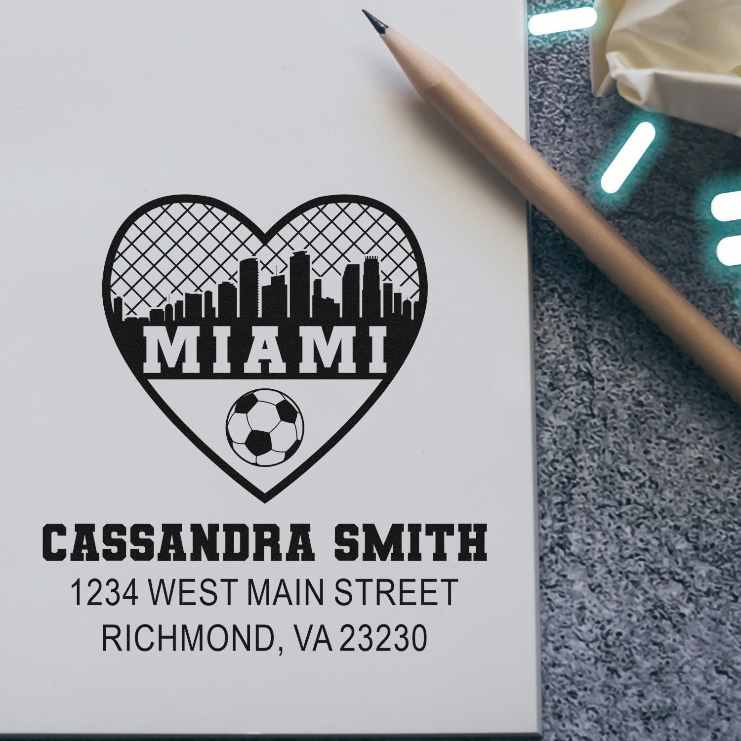 Custom Miami soccer heart address rubber stamp for Cassandra Smith with skyline logo and return address.
