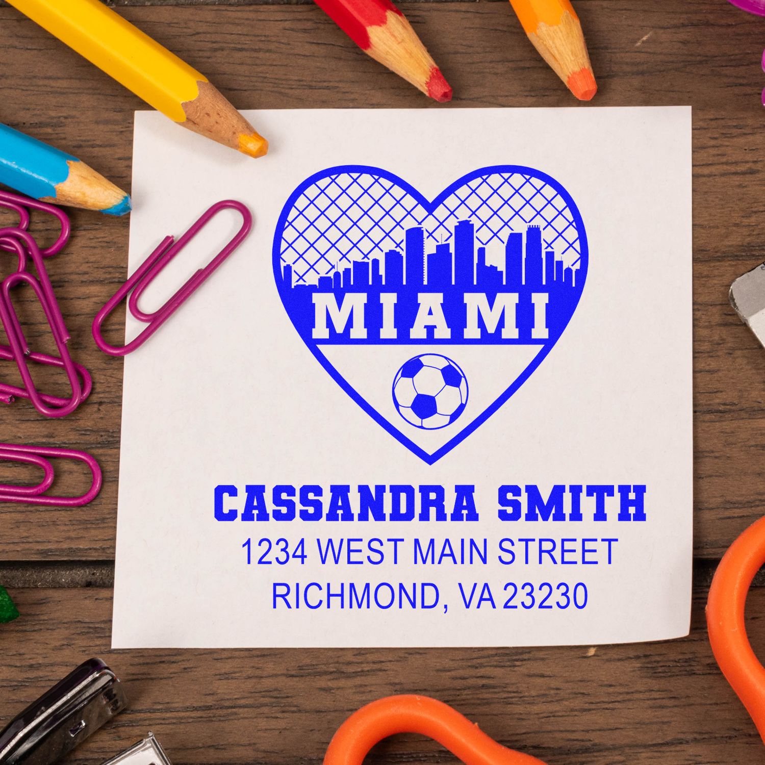 Custom Miami heart skyline soccer rubber stamp with personalized name and address for return address stamping.