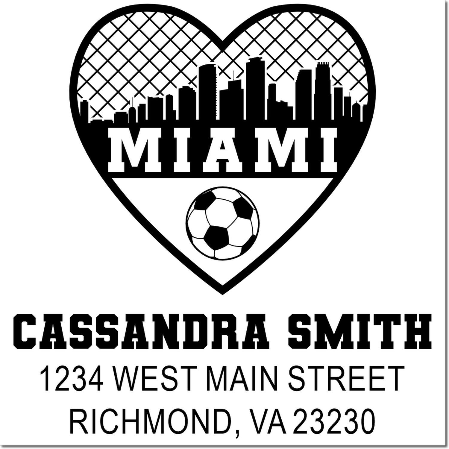 Personalized return address rubber stamp with Miami soccer heart logo, Cassandra Smith, and Richmond, VA address.