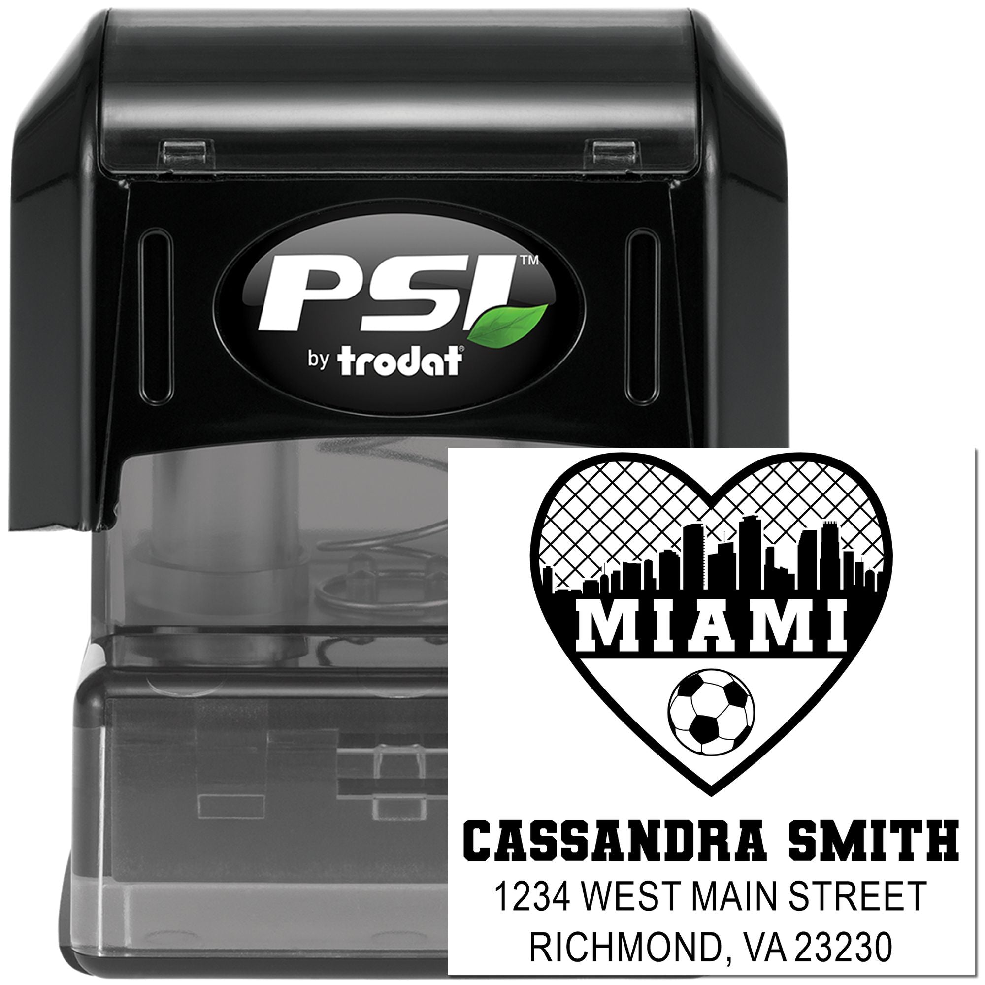 Custom self-inking address stamp with Miami heart skyline, name, and street address for personalized business use.