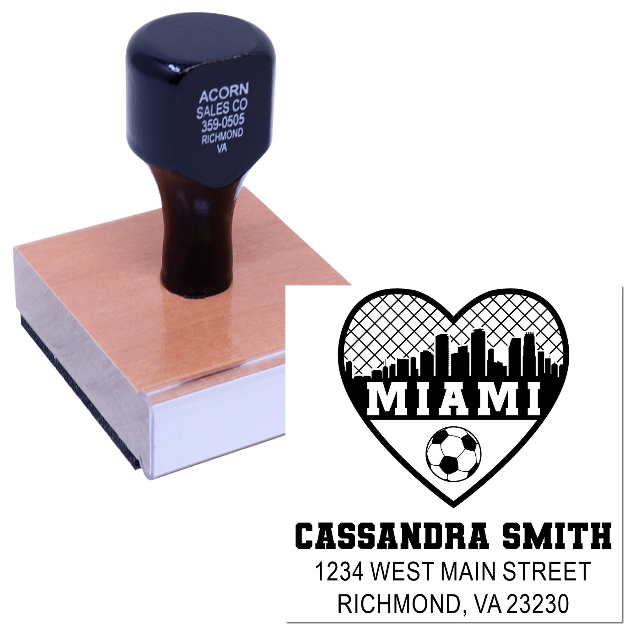 Custom rubber stamp featuring a Miami heart logo, name, and address for personalized business branding.