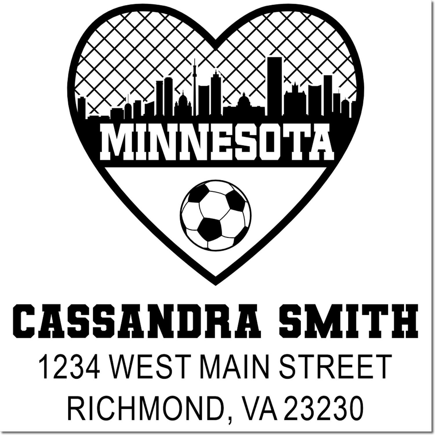 Custom Minnesota soccer heart address rubber stamp for Cassandra Smith, 1234 West Main Street, Richmond, VA 23230