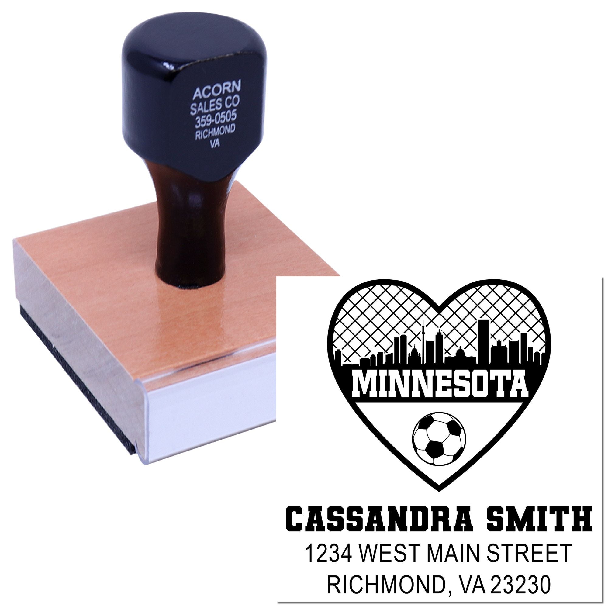 Custom address rubber stamp with Minnesota soccer heart design for personalized return mail and business use.