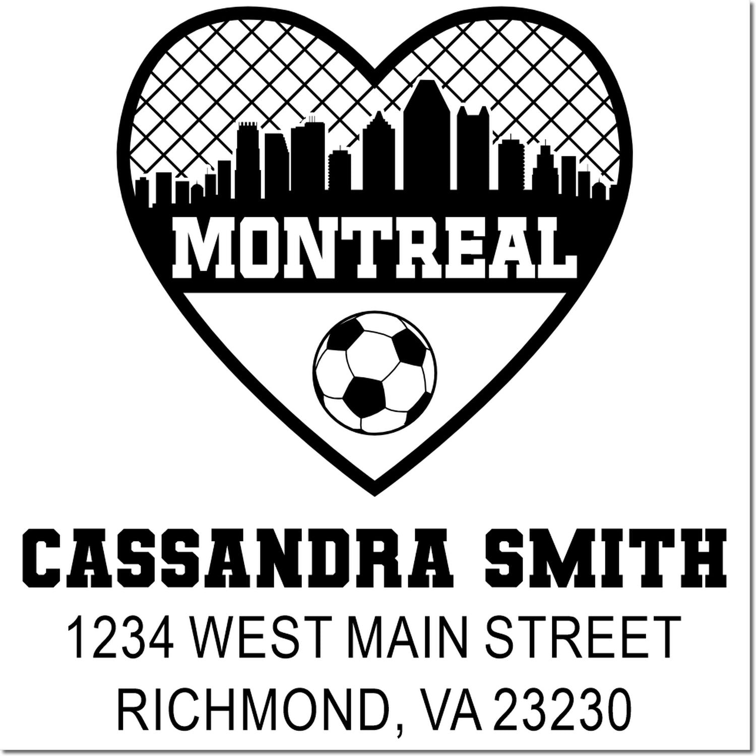 Custom Montreal soccer rubber stamp with skyline, name Cassandra Smith, and Richmond, VA address for personalized business use.