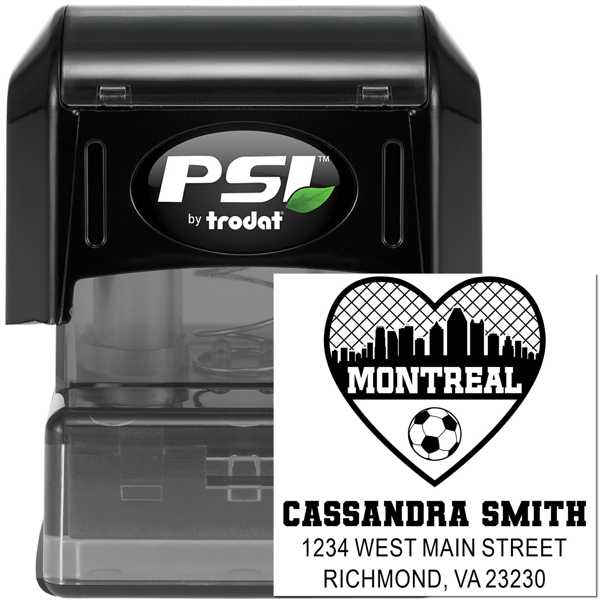 PSI by Trodat self-inking custom rubber stamp with Montreal heart logo, soccer ball, name, and return address.