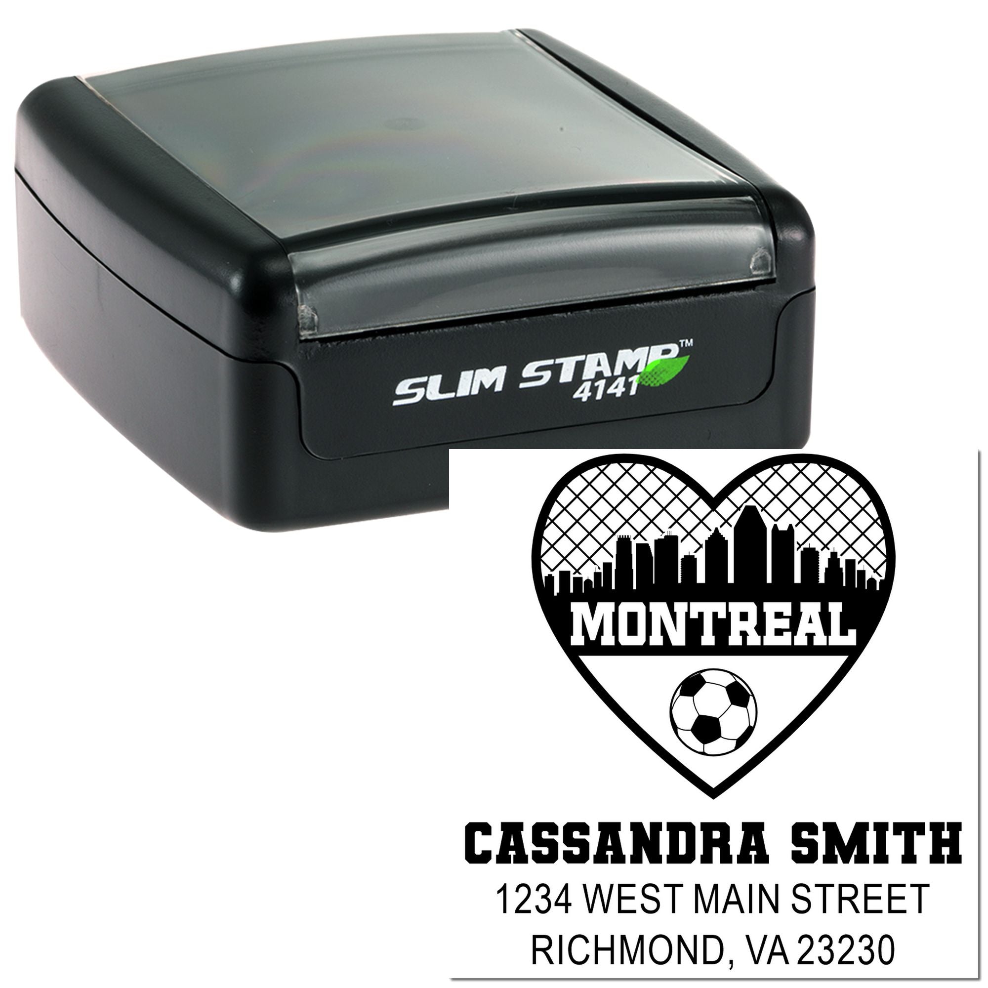 Slim Stamp 4141 self-inking rubber stamp with custom Montreal heart soccer logo and name/address imprint