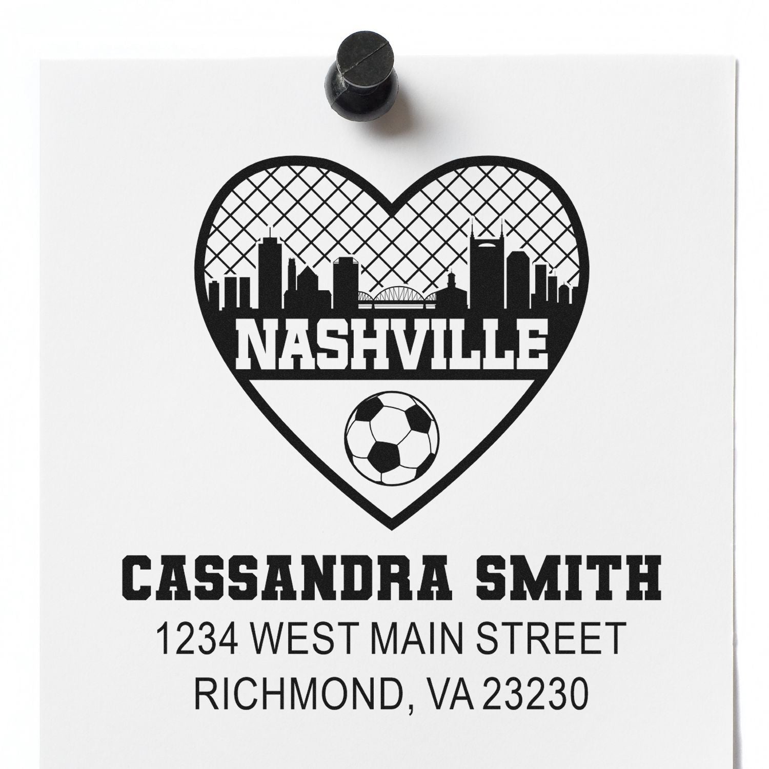 Custom personalized return address rubber stamp with Nashville heart skyline, soccer ball, and Cassandra Smith address.