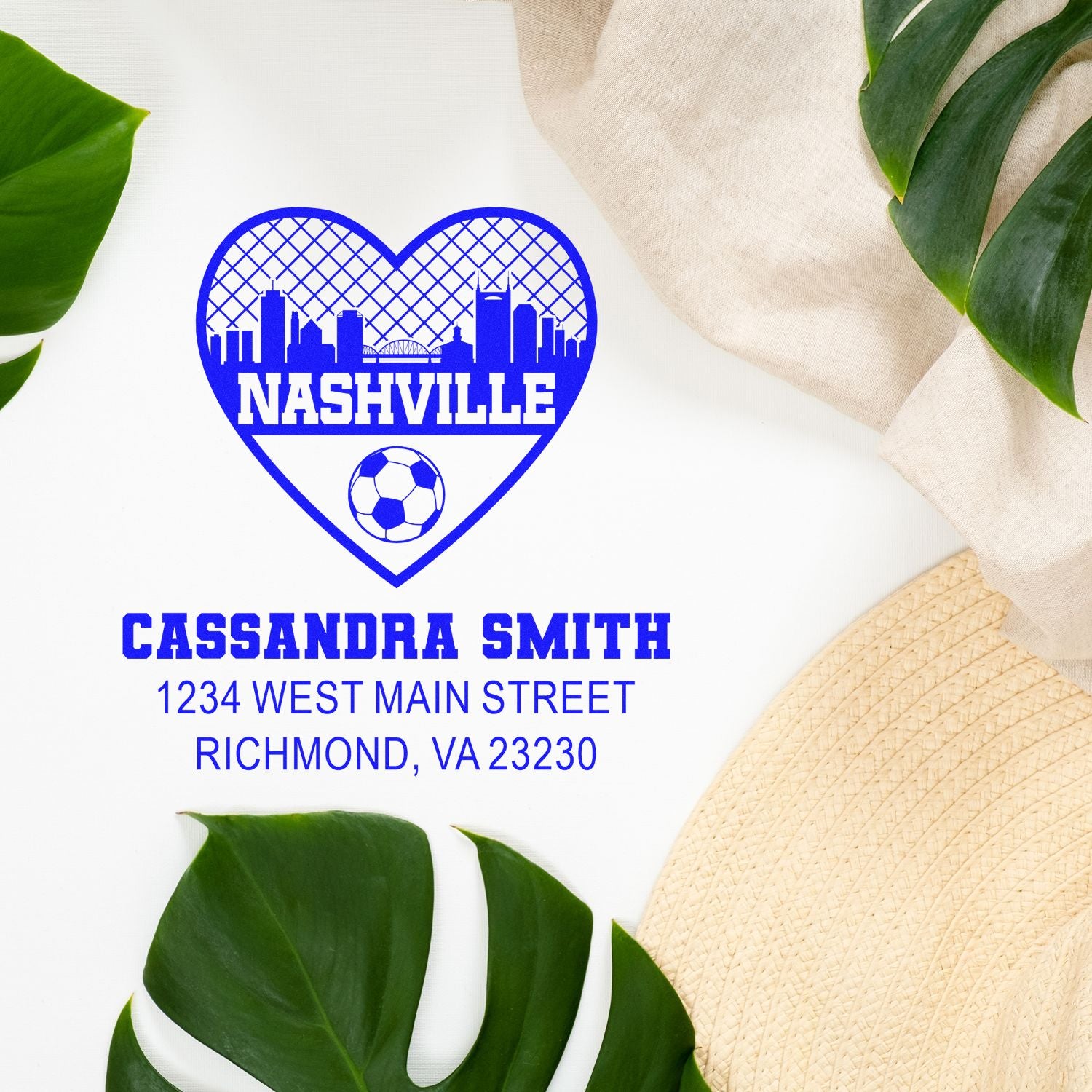 Personalized Nashville heart skyline soccer return address rubber stamp for Cassandra Smith, Richmond, VA.