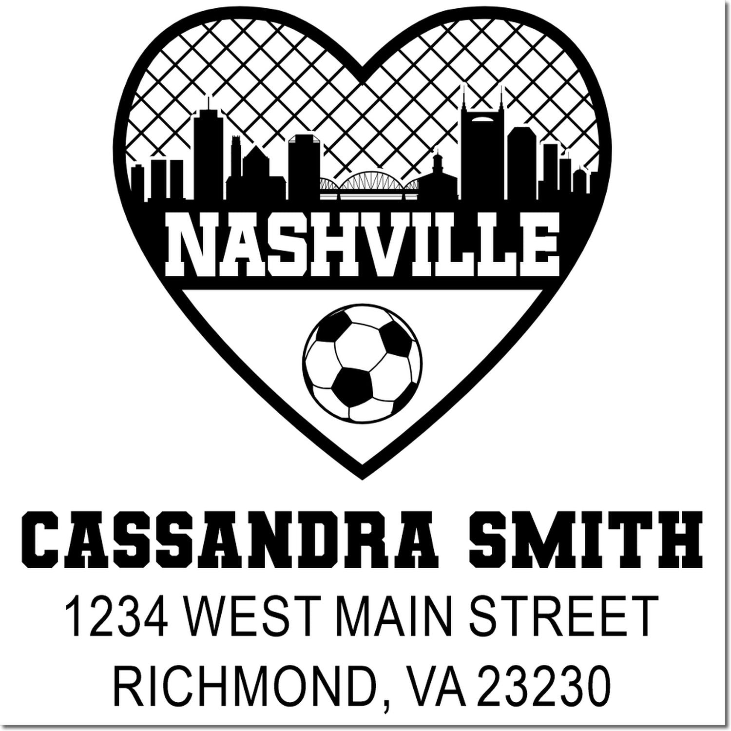 Custom return address rubber stamp with Nashville skyline soccer heart, Cassandra Smith, 1234 West Main Street, Richmond, VA 23230.