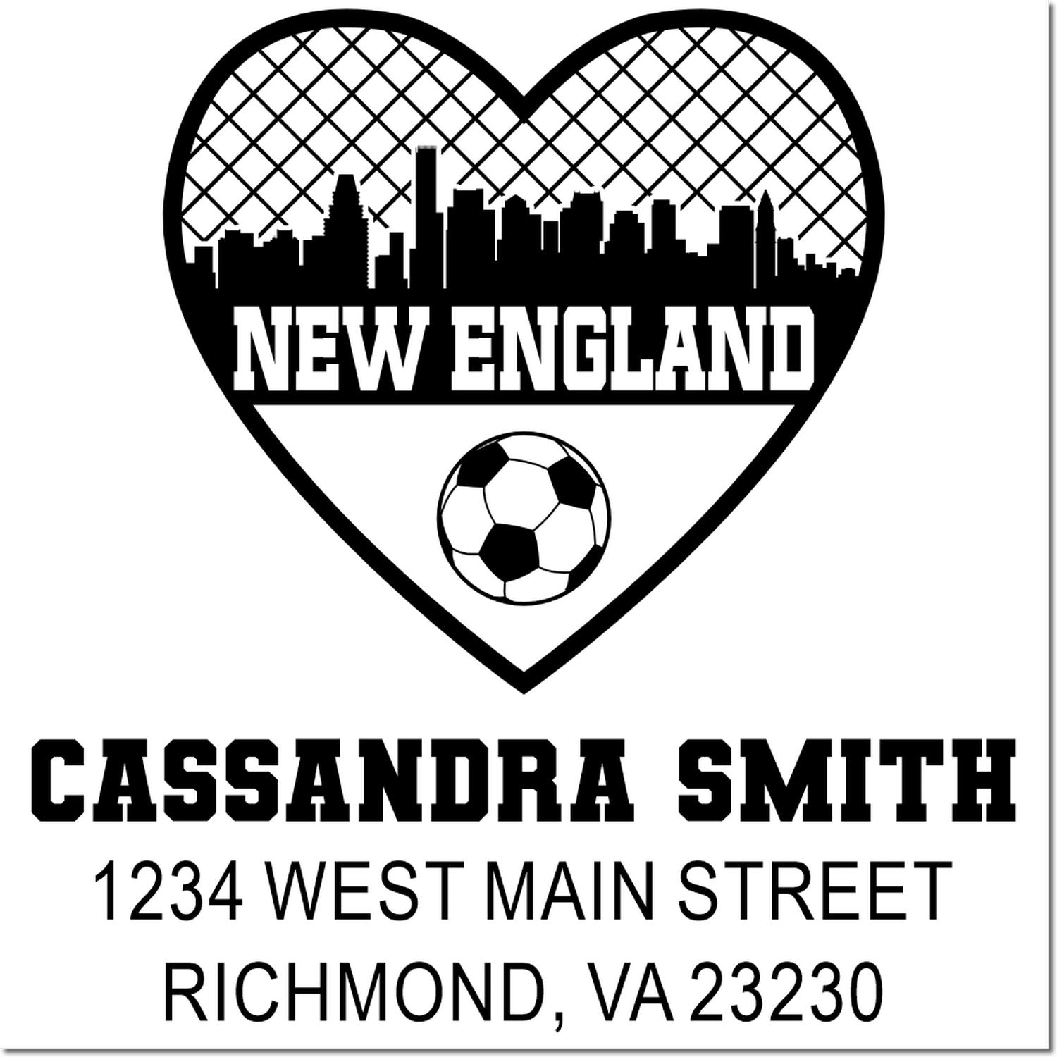 Custom New England soccer rubber stamp with heart skyline logo and address for Cassandra Smith, Richmond VA 23230