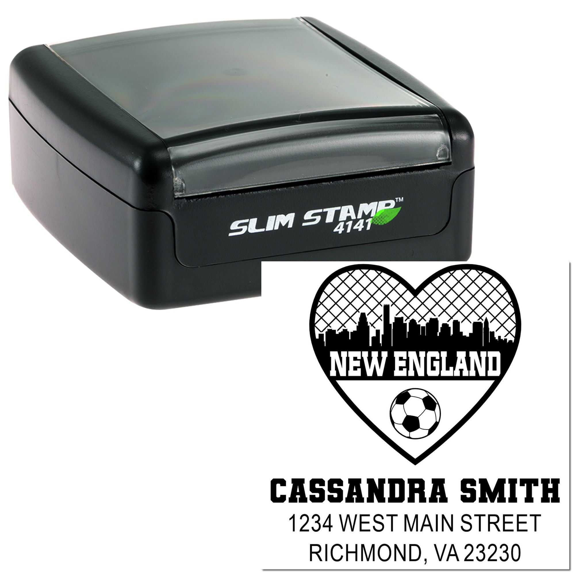 Slim Stamp 4141 rubber stamp showing custom New England soccer address stamp for Cassandra Smith, Richmond, VA.