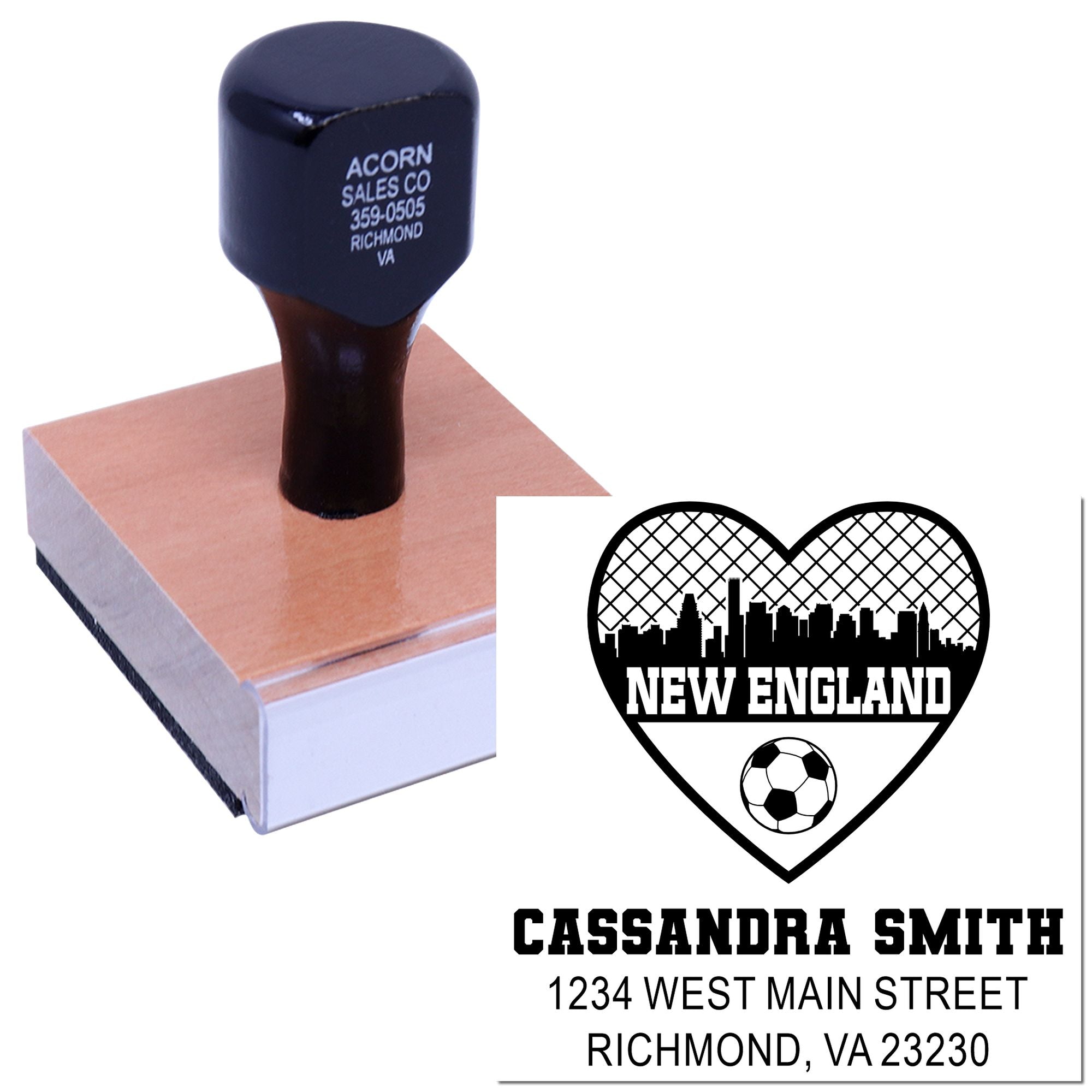 Custom rubber stamp showing New England soccer logo and address imprint for personalized event or return-address stamping.