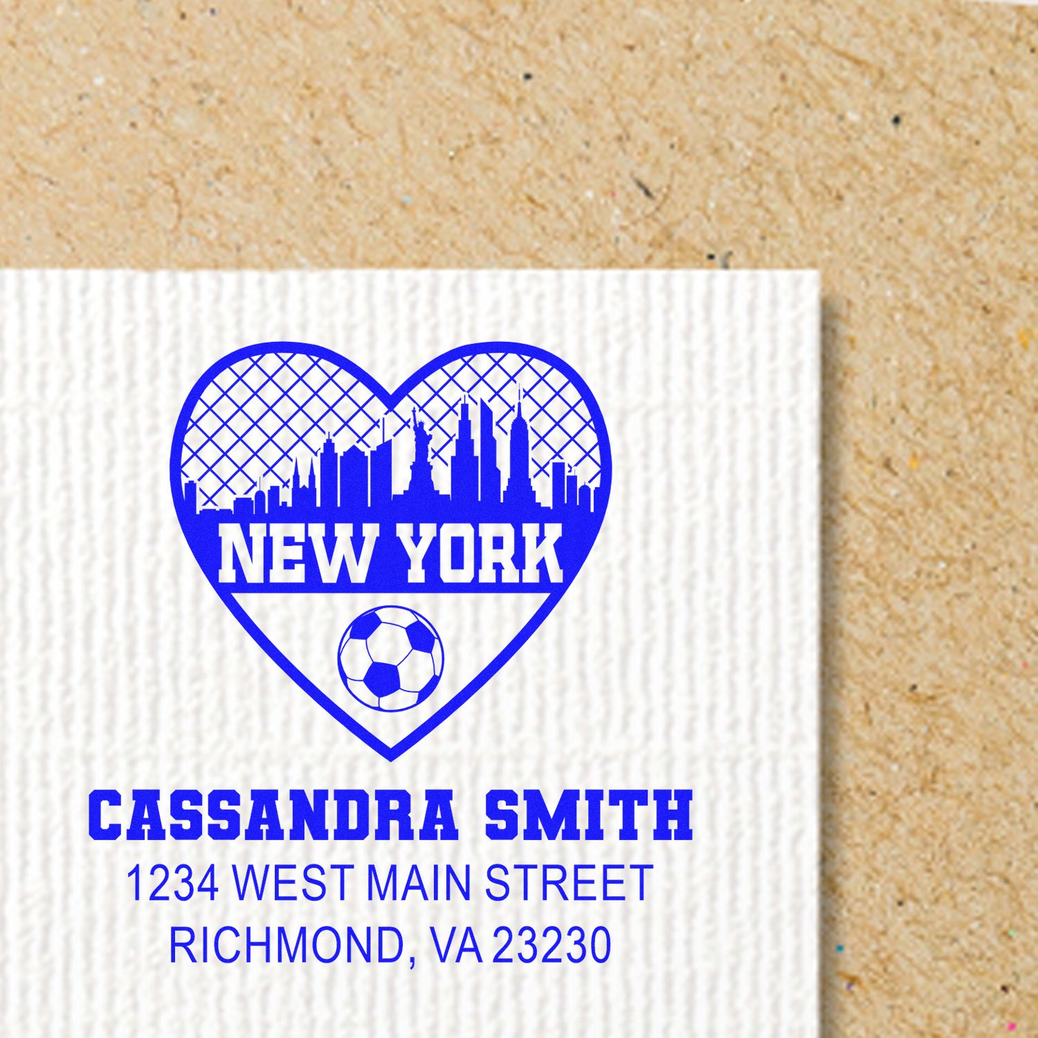 Personalized New York heart skyline rubber stamp with soccer ball, Cassandra Smith return address in Richmond, VA.
