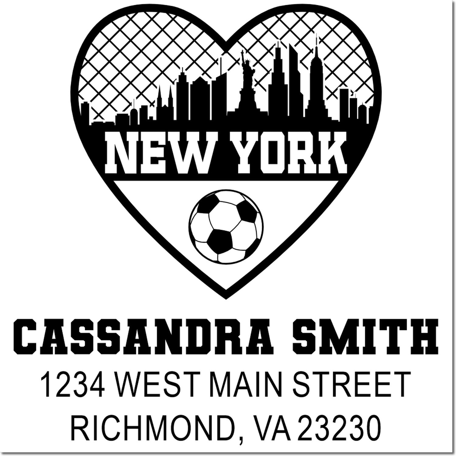 Custom New York soccer heart address stamp with skyline, soccer ball, and Cassandra Smiths Richmond, VA address.