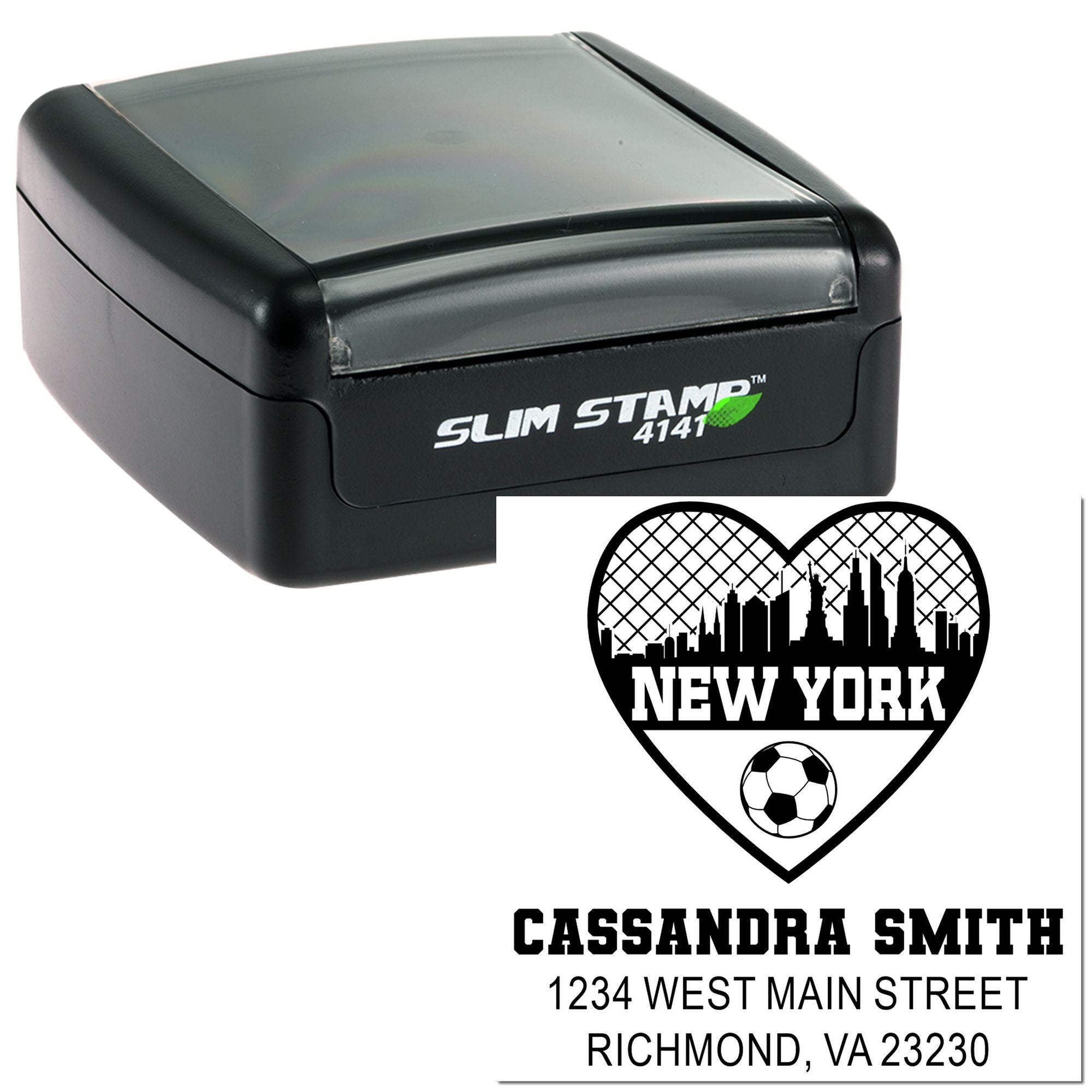 Personalized self-inking rubber stamp with New York heart design, name, and Richmond VA address imprint.