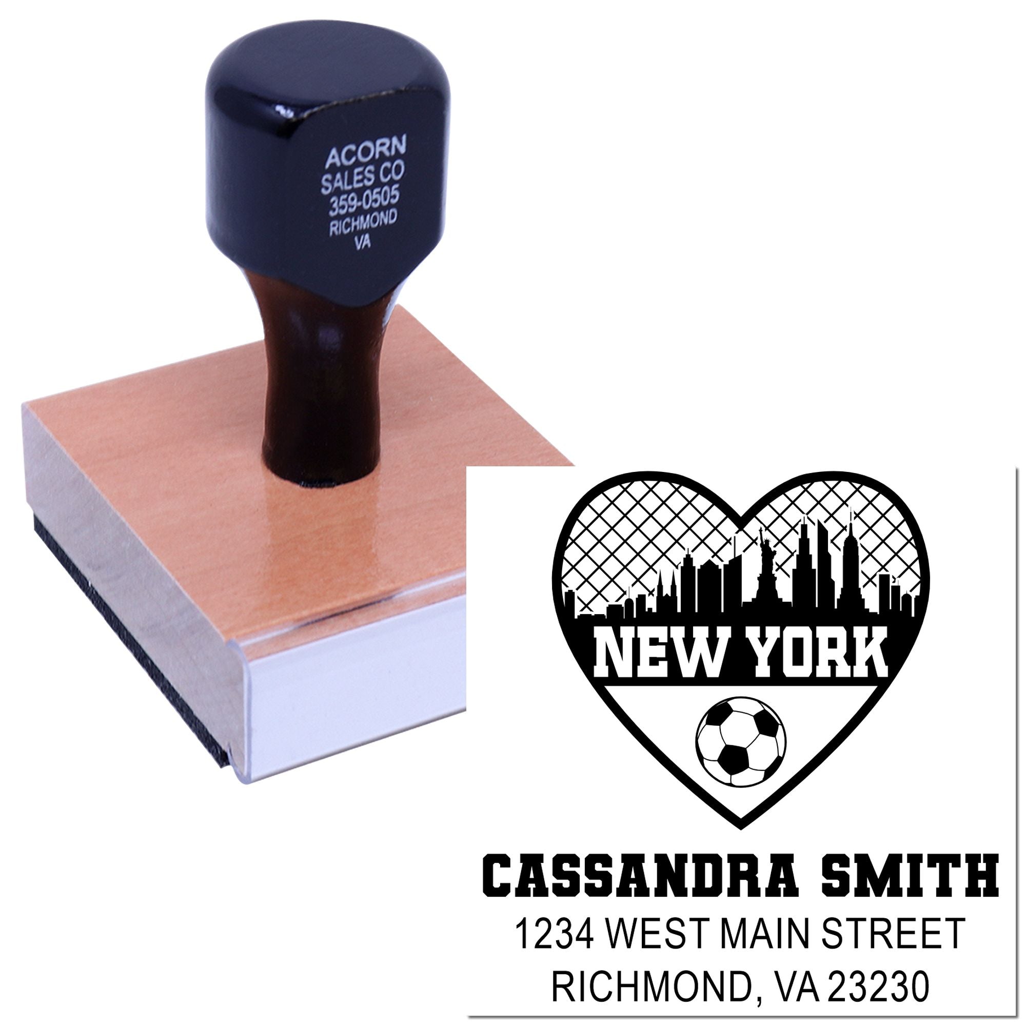 Custom rubber stamp with sample imprint featuring New York heart soccer logo, name, and address for personalized address stamp use.