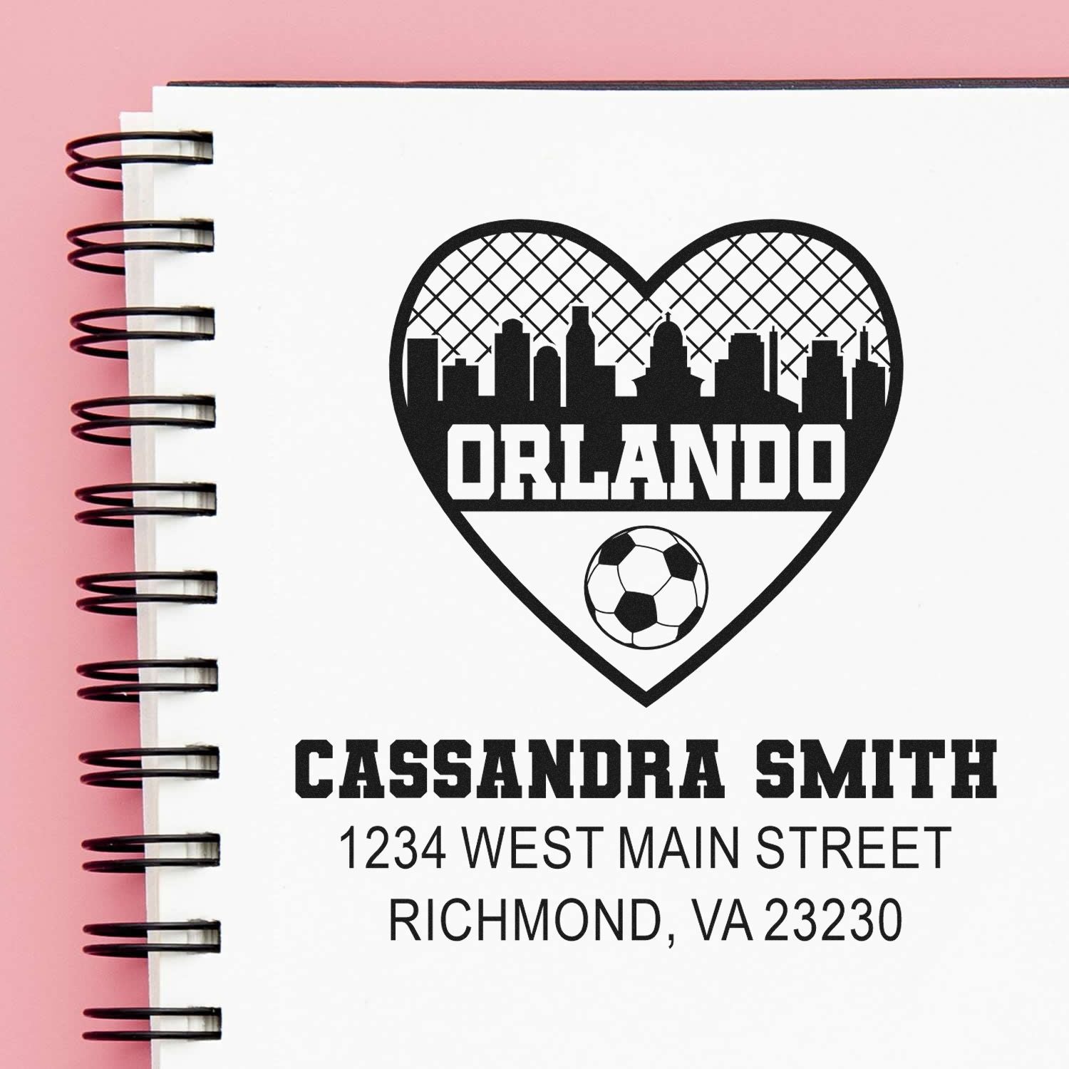 Custom Orlando soccer return address rubber stamp for Cassandra Smith, featuring skyline heart logo and mailing address.
