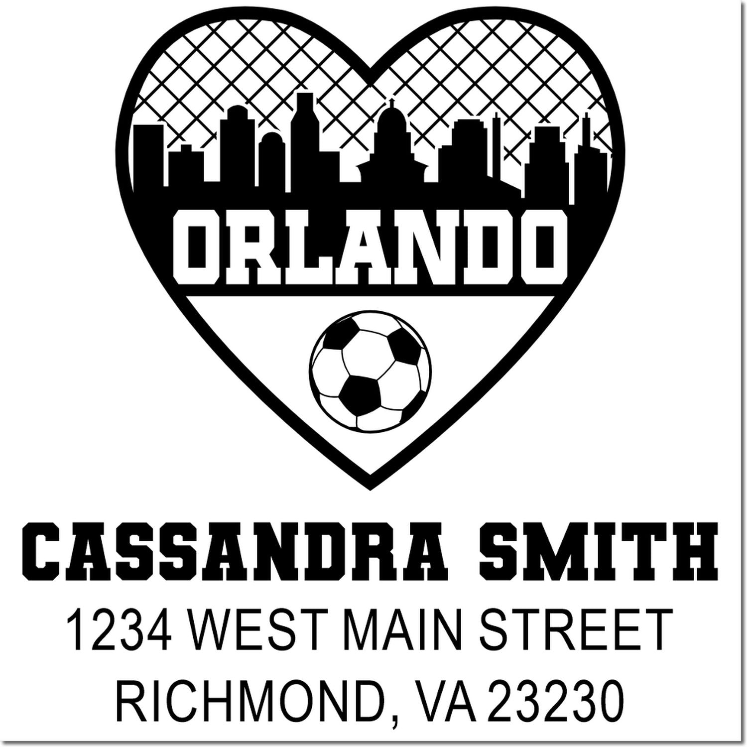 Custom Orlando heart skyline soccer rubber stamp with Cassandra Smith, 1234 West Main Street, Richmond, VA 23230