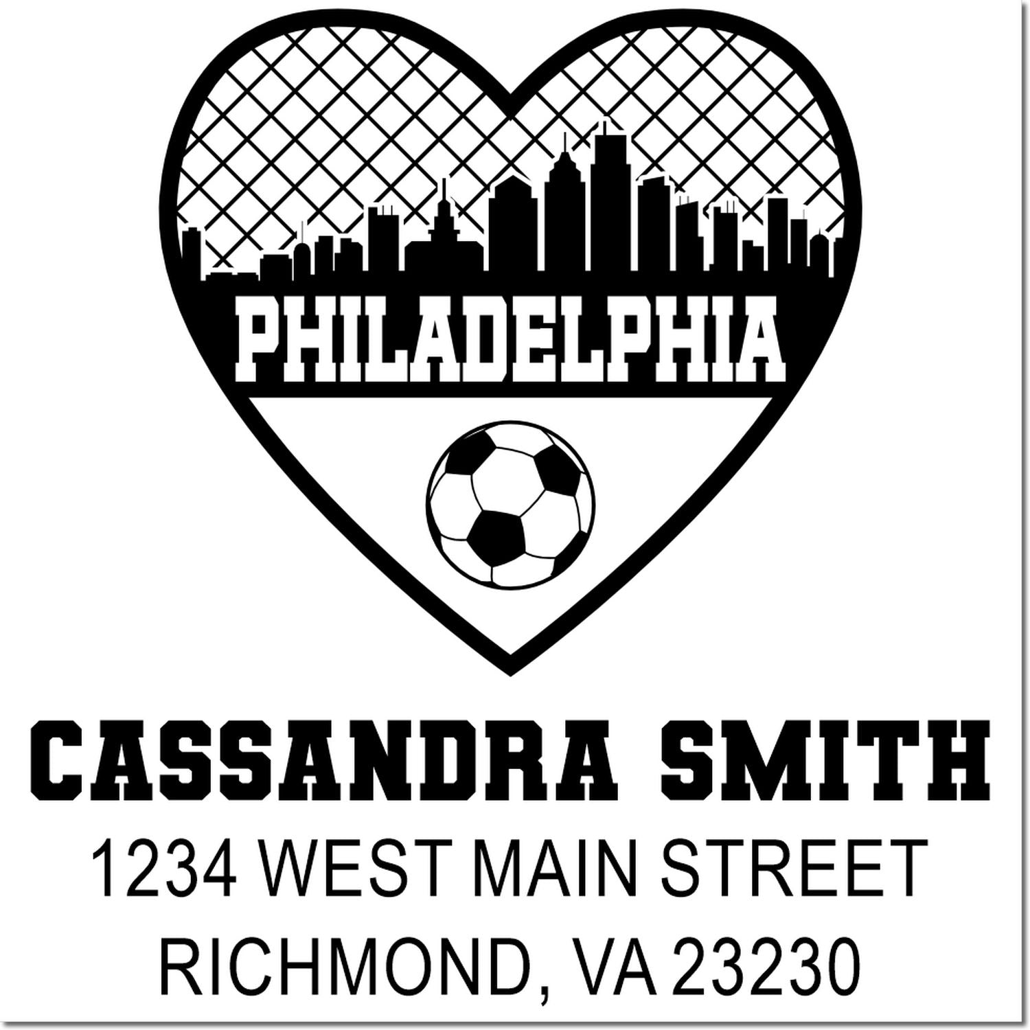 Personalized Philadelphia soccer heart return address rubber stamp with skyline, Cassandra Smith, Richmond, VA 23230.