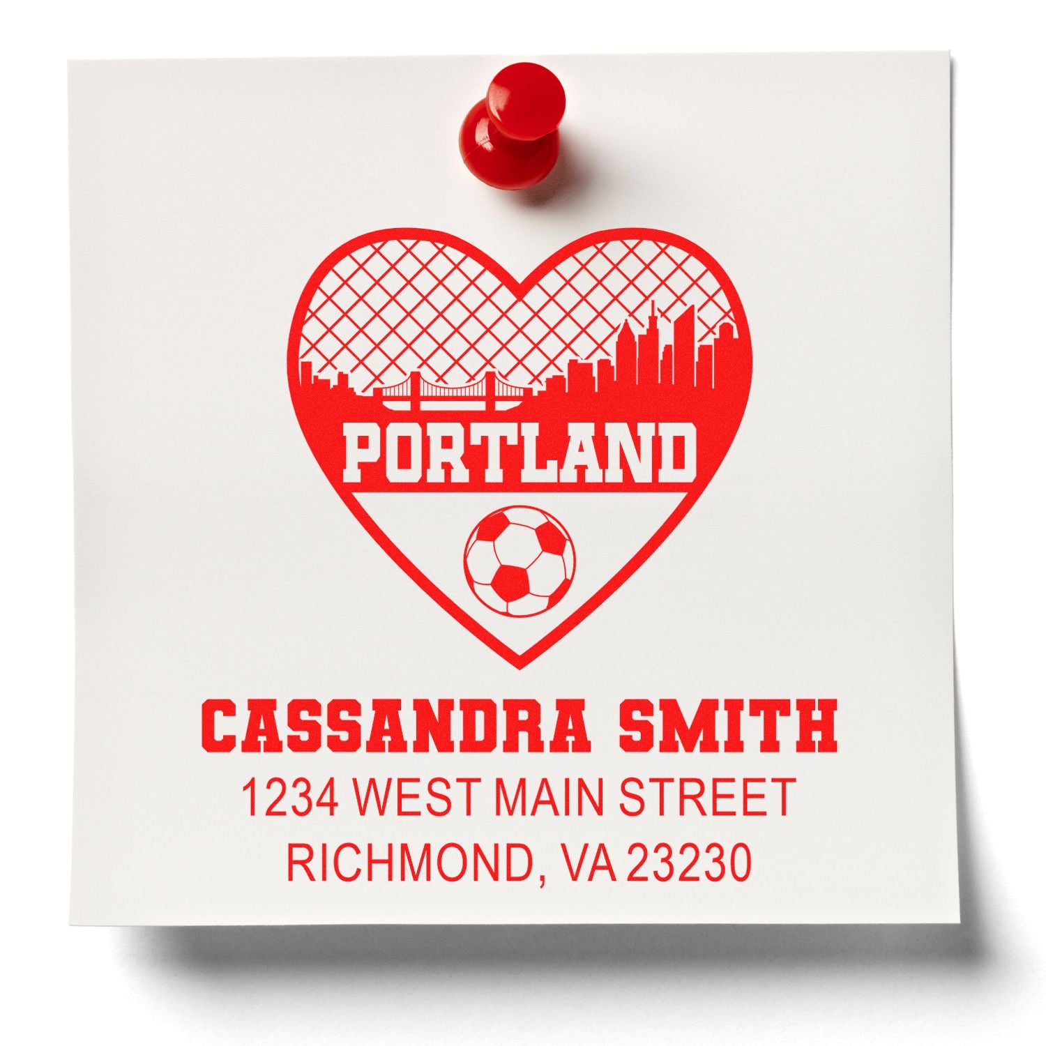 Custom Portland address rubber stamp with heart skyline and soccer design for personalized stationery.