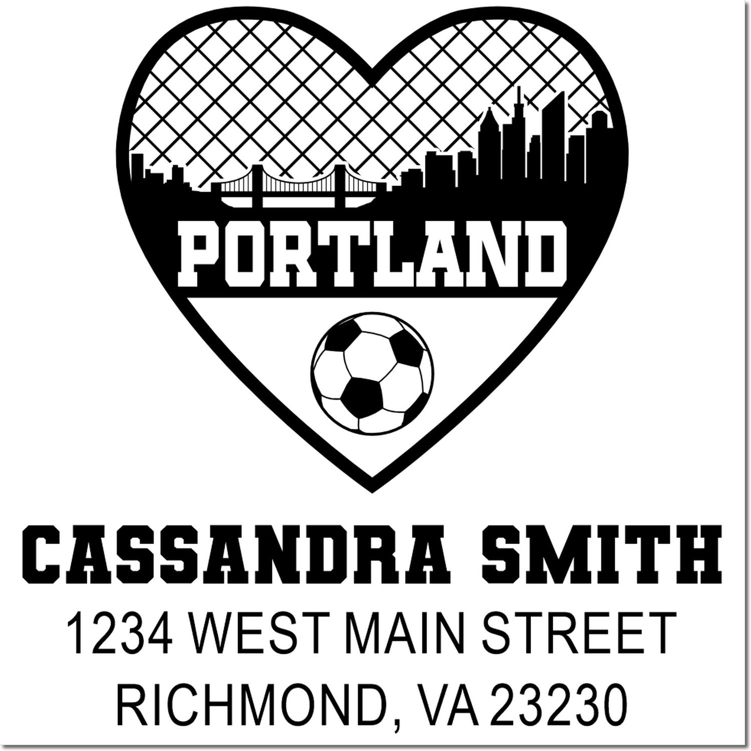 Custom Portland soccer heart return address rubber stamp for Cassandra Smith, 1234 West Main Street, Richmond, VA 23230