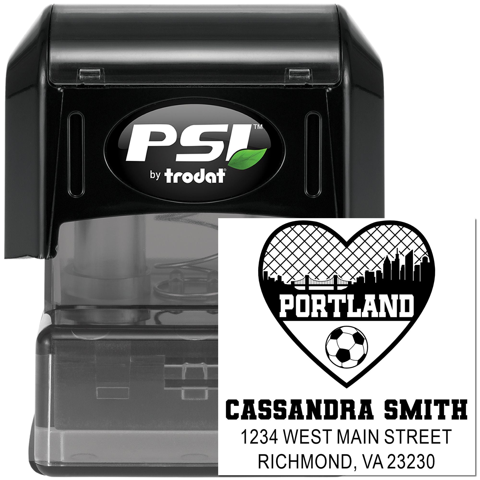 Custom self-inking rubber stamp with Portland heart design, name, and address for personalized mailing by PSI by Trodat.