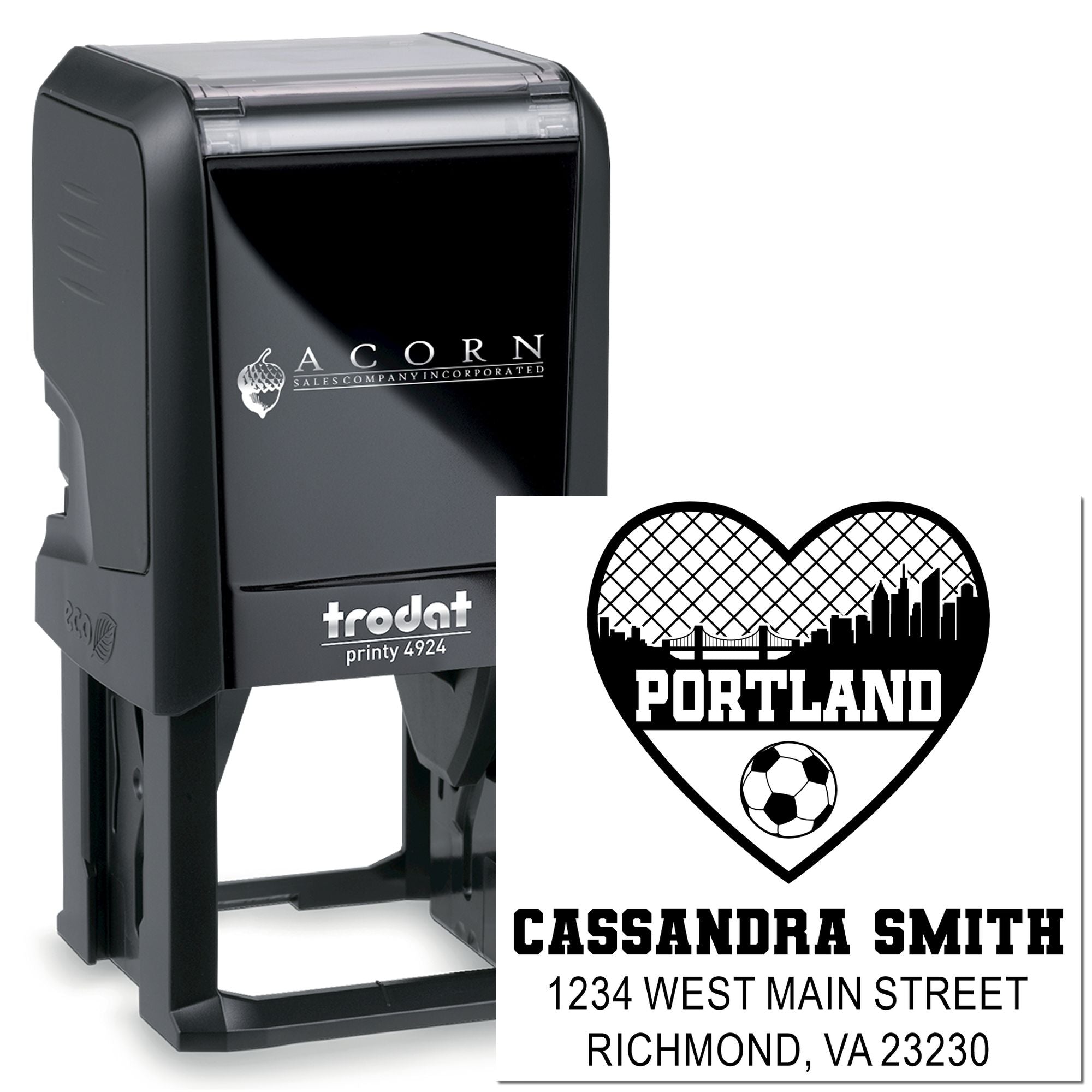 Custom self-inking rubber stamp with Portland heart logo, name, and address for personalized mailing and branding.