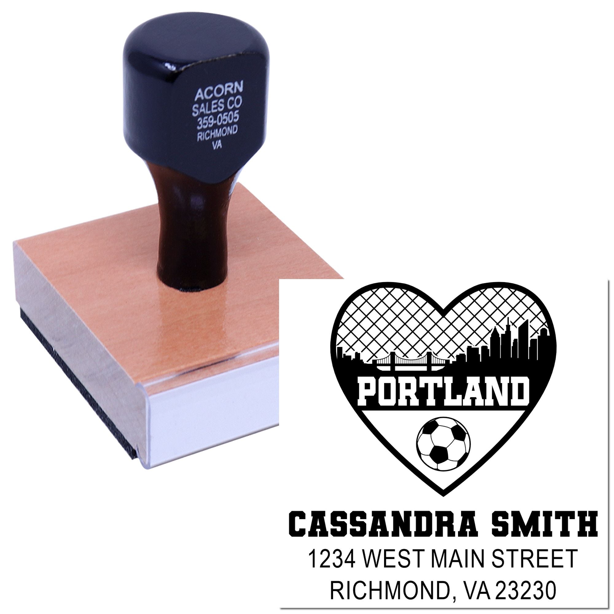 Custom rubber stamp with wood handle and personalized logo/address imprint for business mailing and branding.
