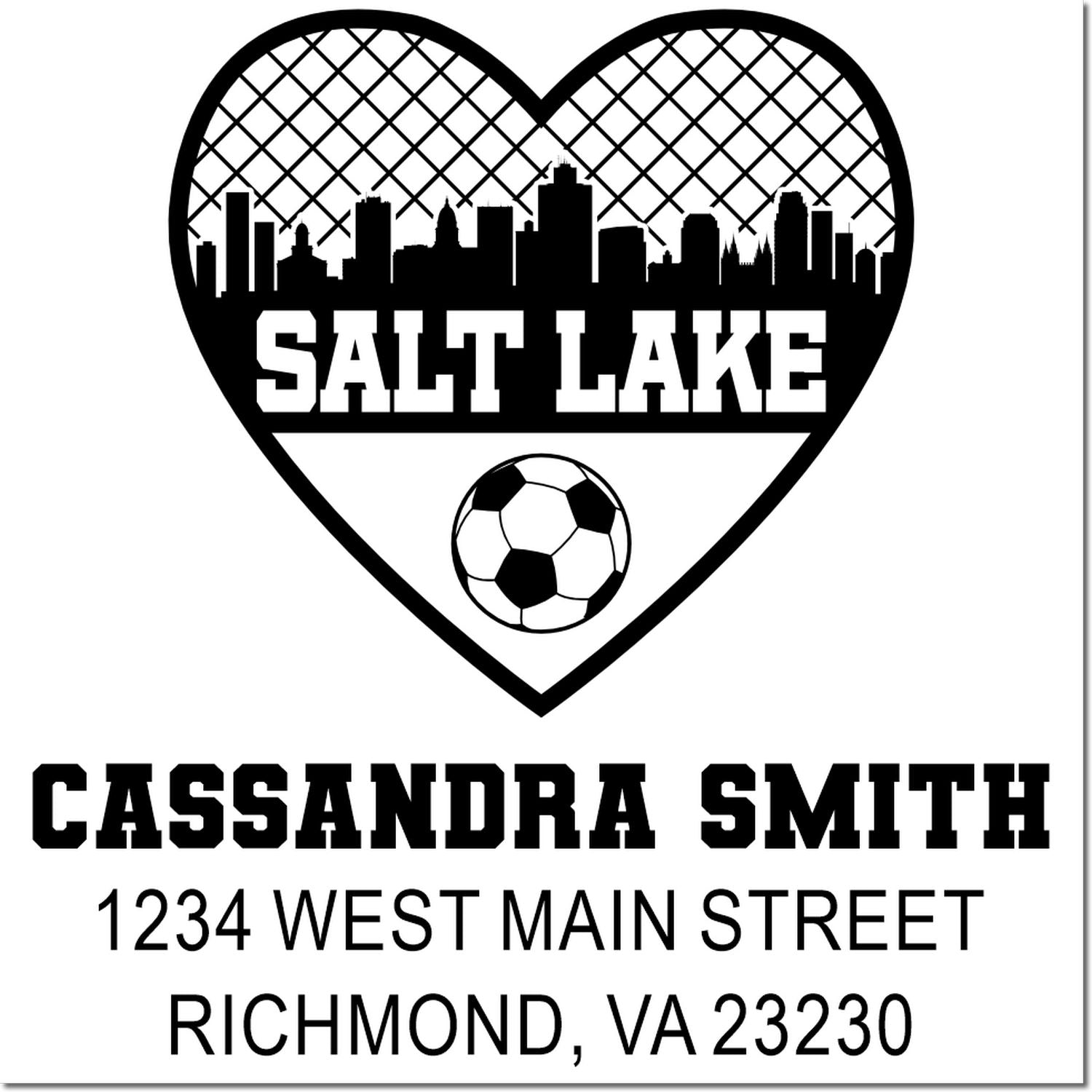 Personalized Salt Lake soccer address rubber stamp with heart skyline, Cassandra Smith, and Richmond, VA address.