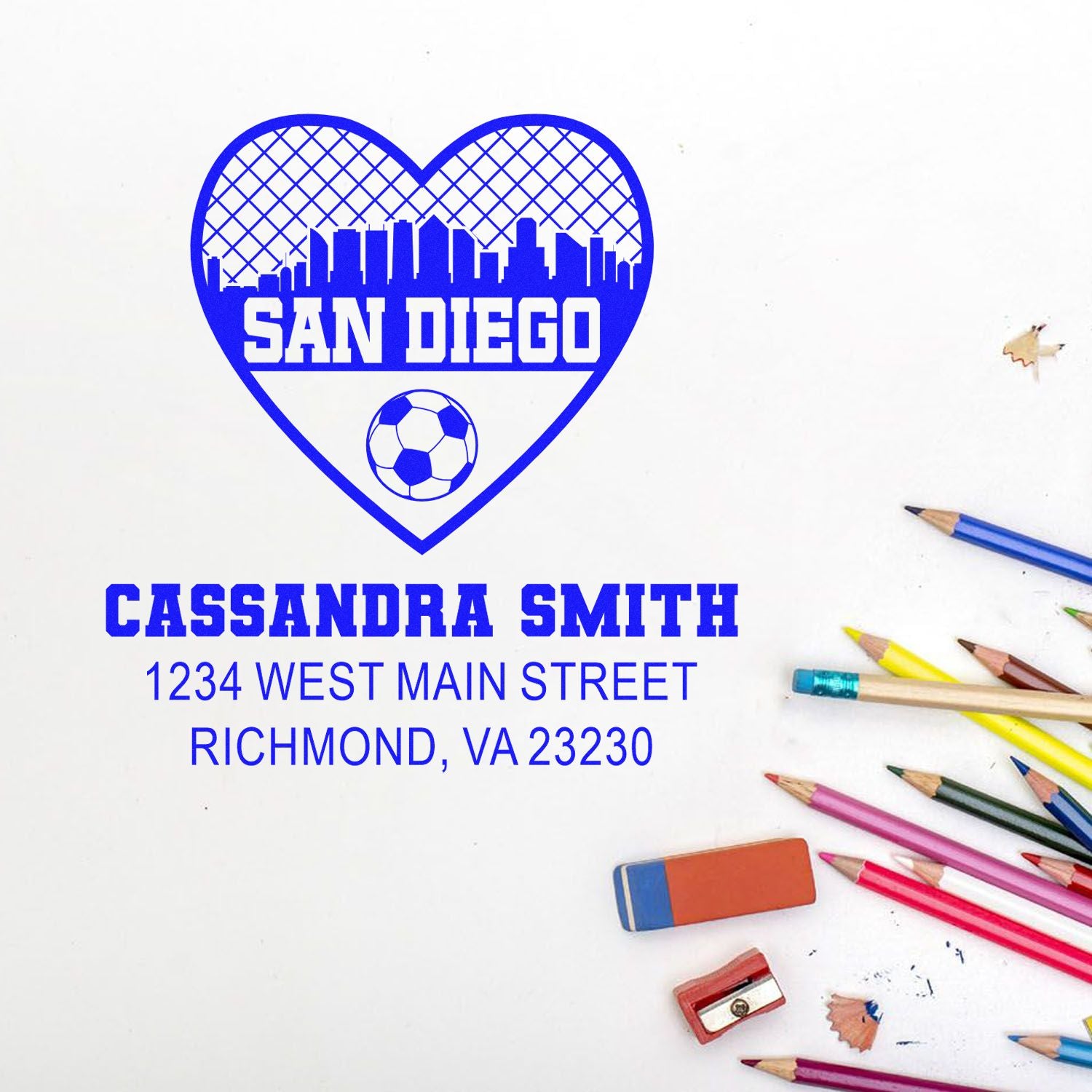 Custom rubber stamp with San Diego heart soccer logo, Cassandra Smith name, and Richmond, VA address.