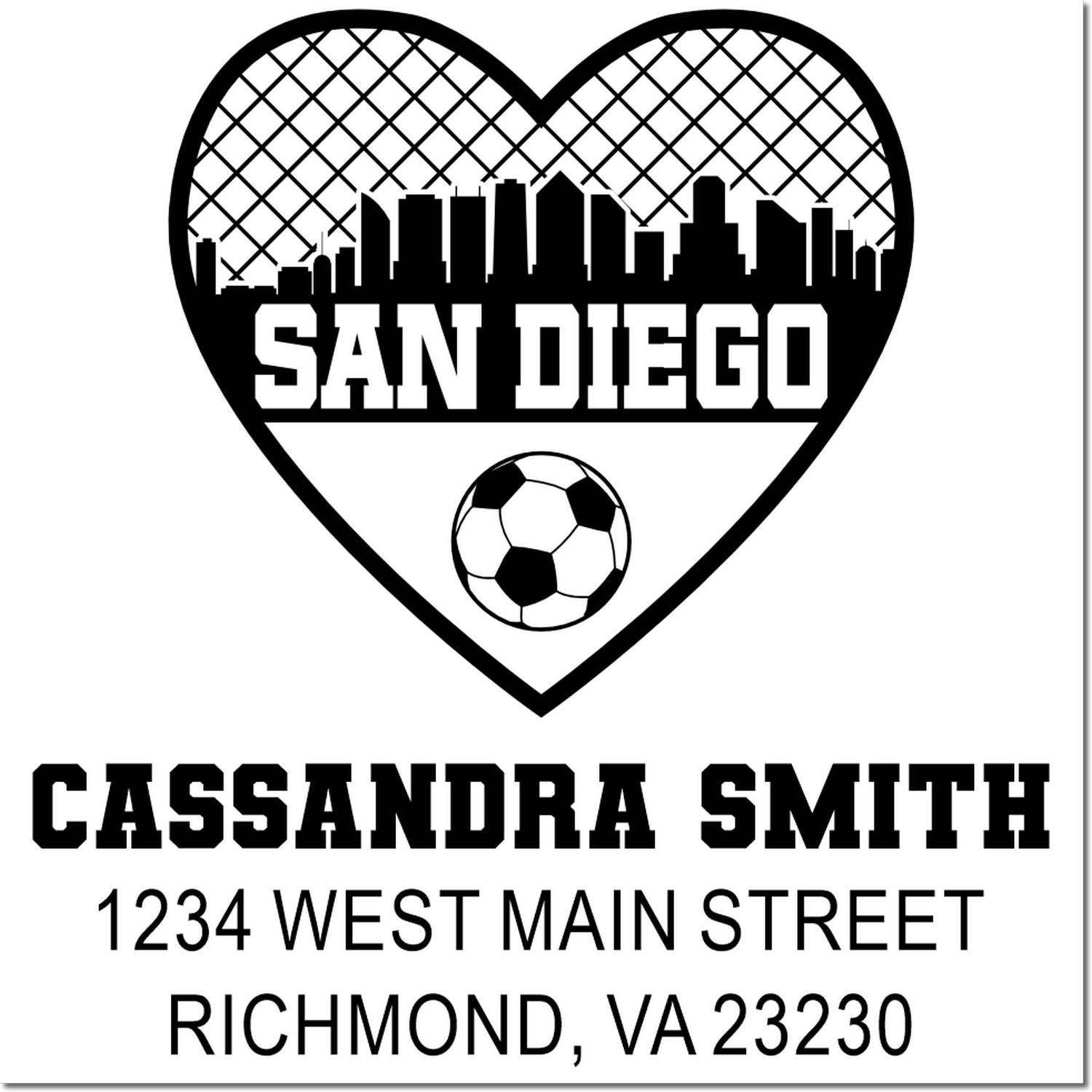 Custom rubber return address stamp with San Diego heart skyline, soccer ball, and Cassandra Smith Richmond, VA address.