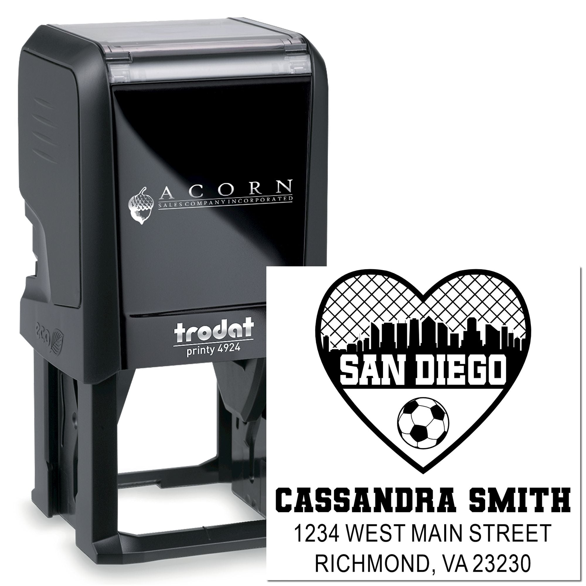 Custom self-inking rubber address stamp with San Diego soccer heart design and personalized name and address.