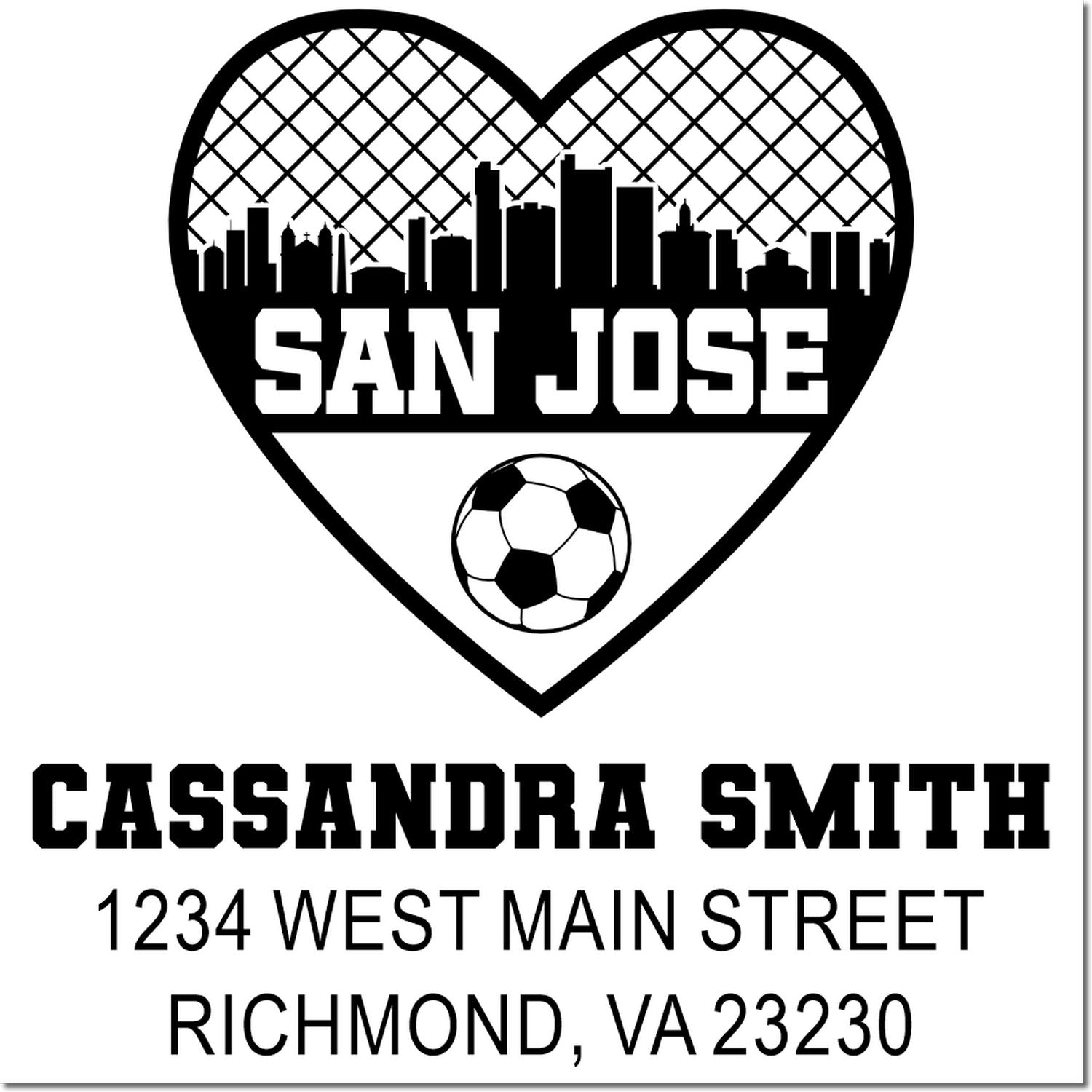 Custom rubber stamp design with San Jose skyline heart, soccer ball, and personalized name and Richmond, VA address.